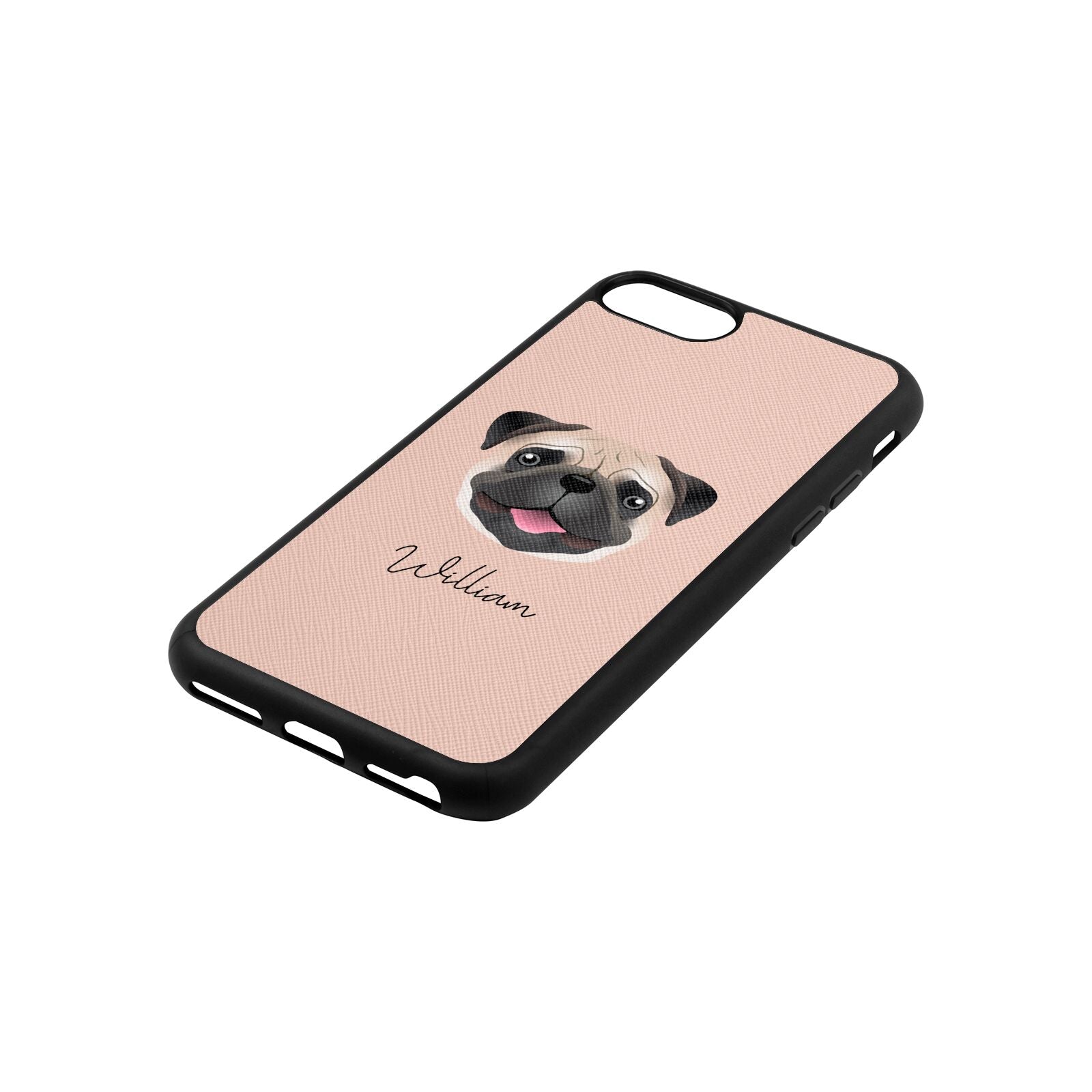 Custom Dog Illustration with Name Nude Saffiano Leather iPhone 8 Case Side Angle