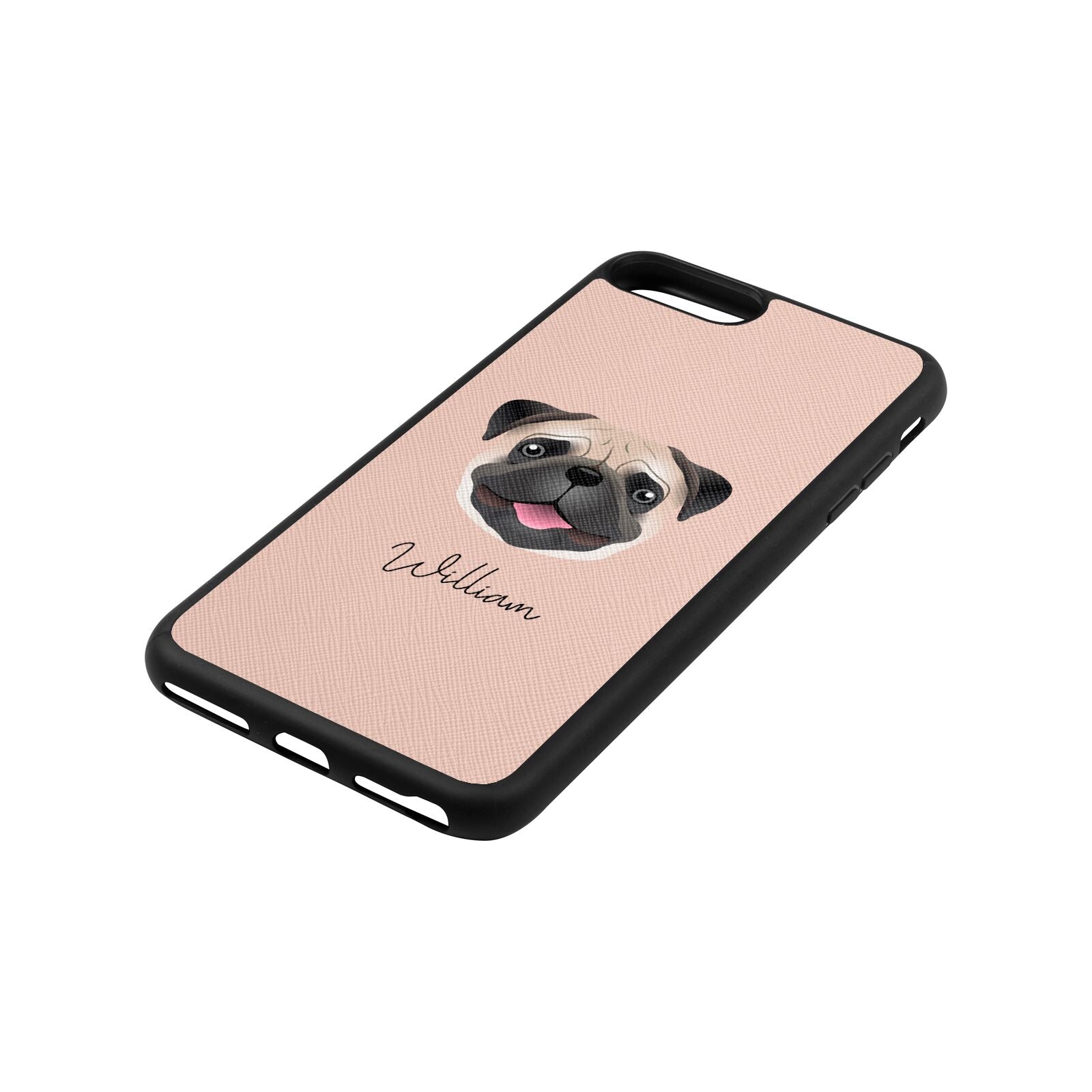 Custom Dog Illustration with Name Nude Saffiano Leather iPhone 8 Plus Case Side Angle