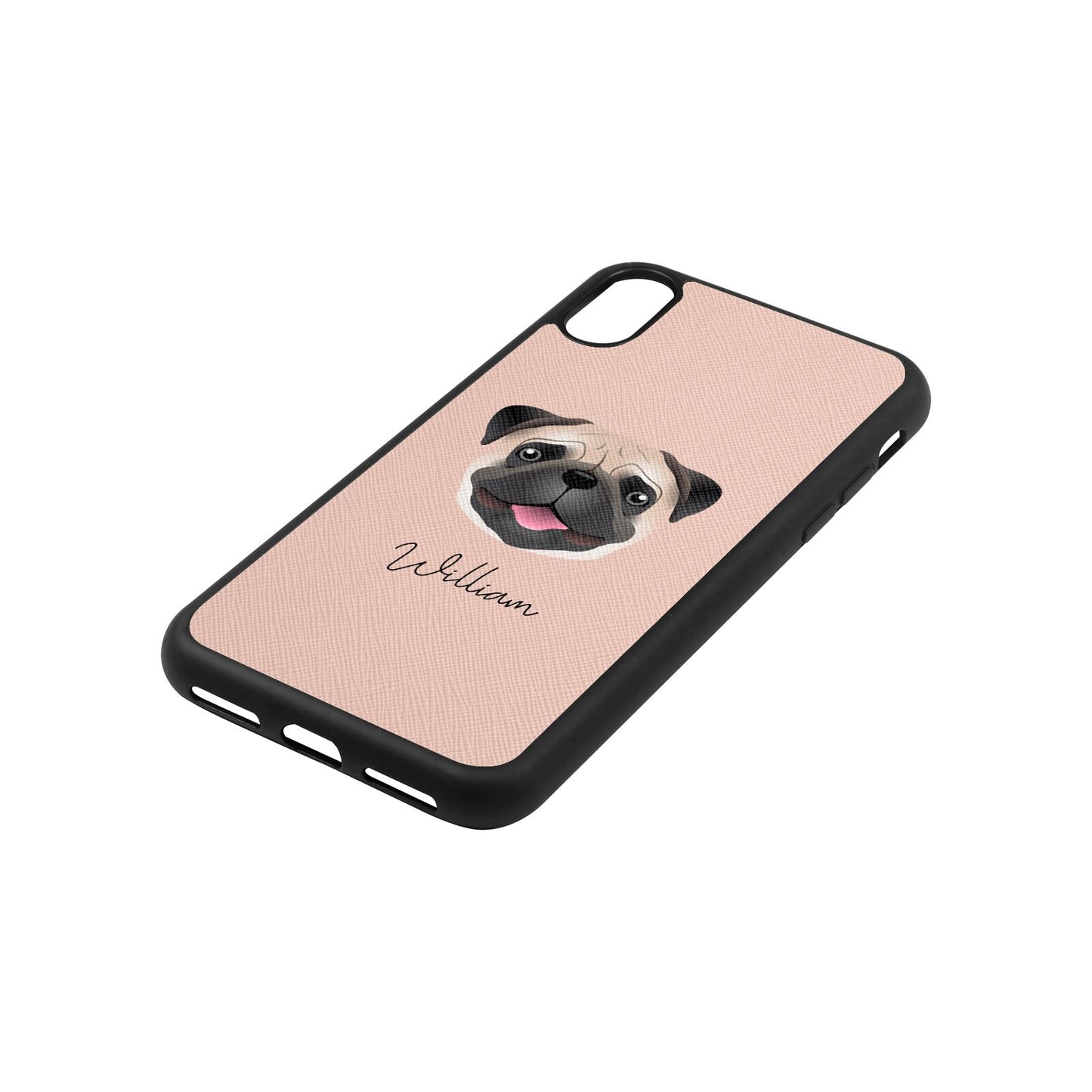 Custom Dog Illustration with Name Nude Saffiano Leather iPhone Xs Case Side Angle