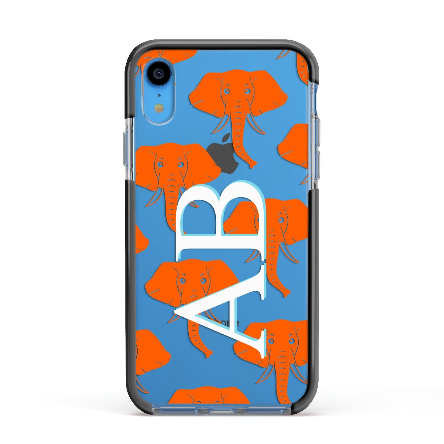 Custom Elephant Initials Apple iPhone XR Impact Case Black Edge on Blue Phone