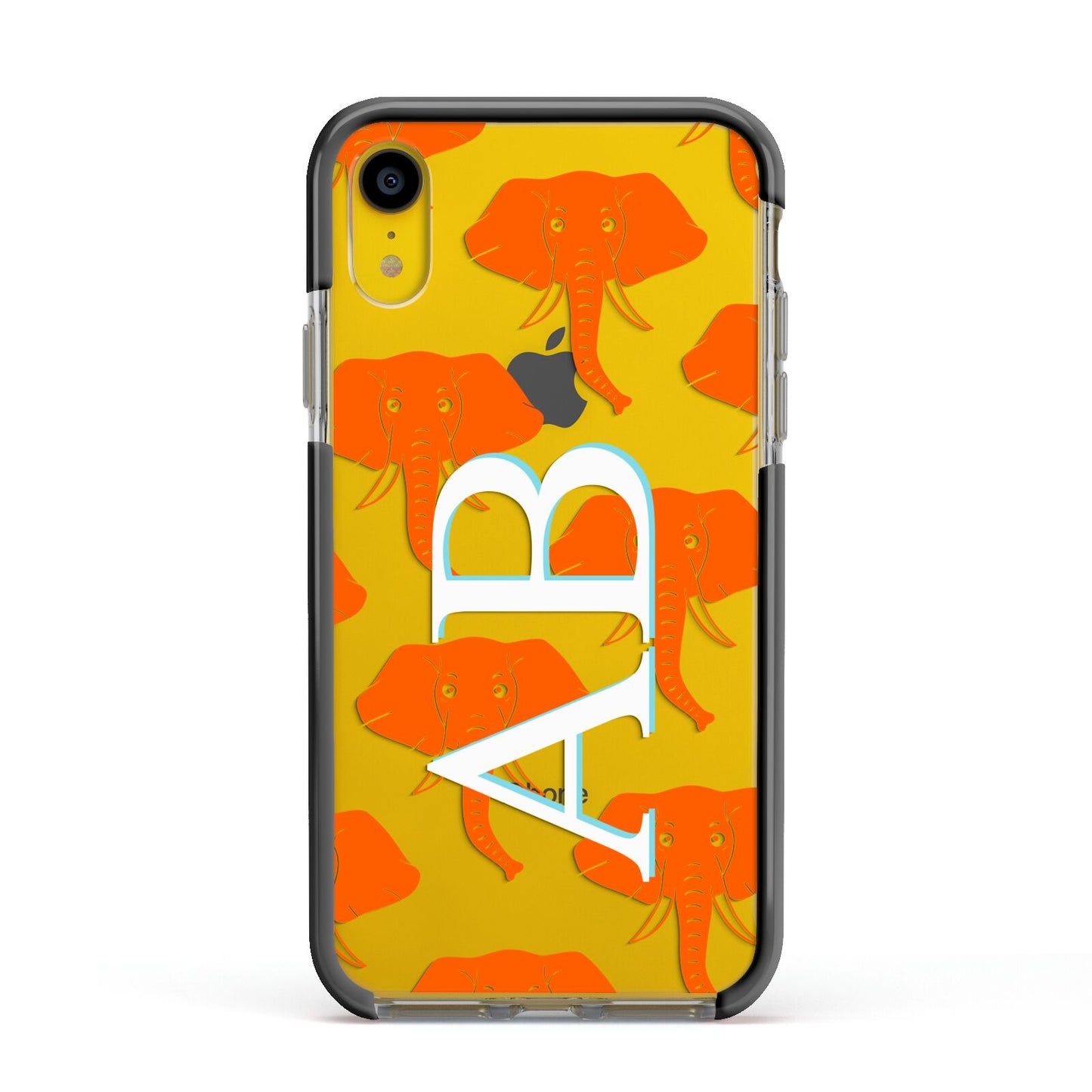 Custom Elephant Initials Apple iPhone XR Impact Case Black Edge on Yellow Phone