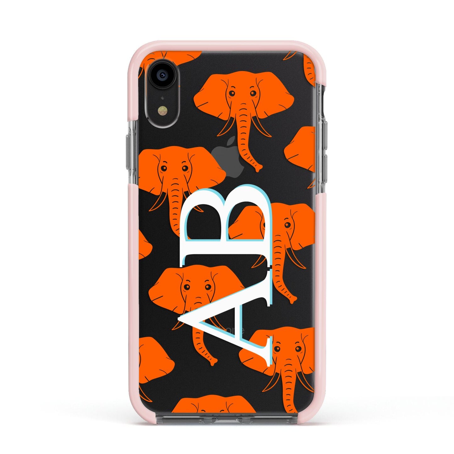 Custom Elephant Initials Apple iPhone XR Impact Case Pink Edge on Black Phone