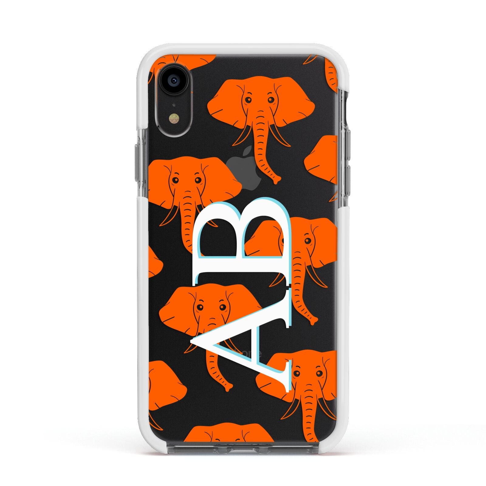 Custom Elephant Initials Apple iPhone XR Impact Case White Edge on Black Phone