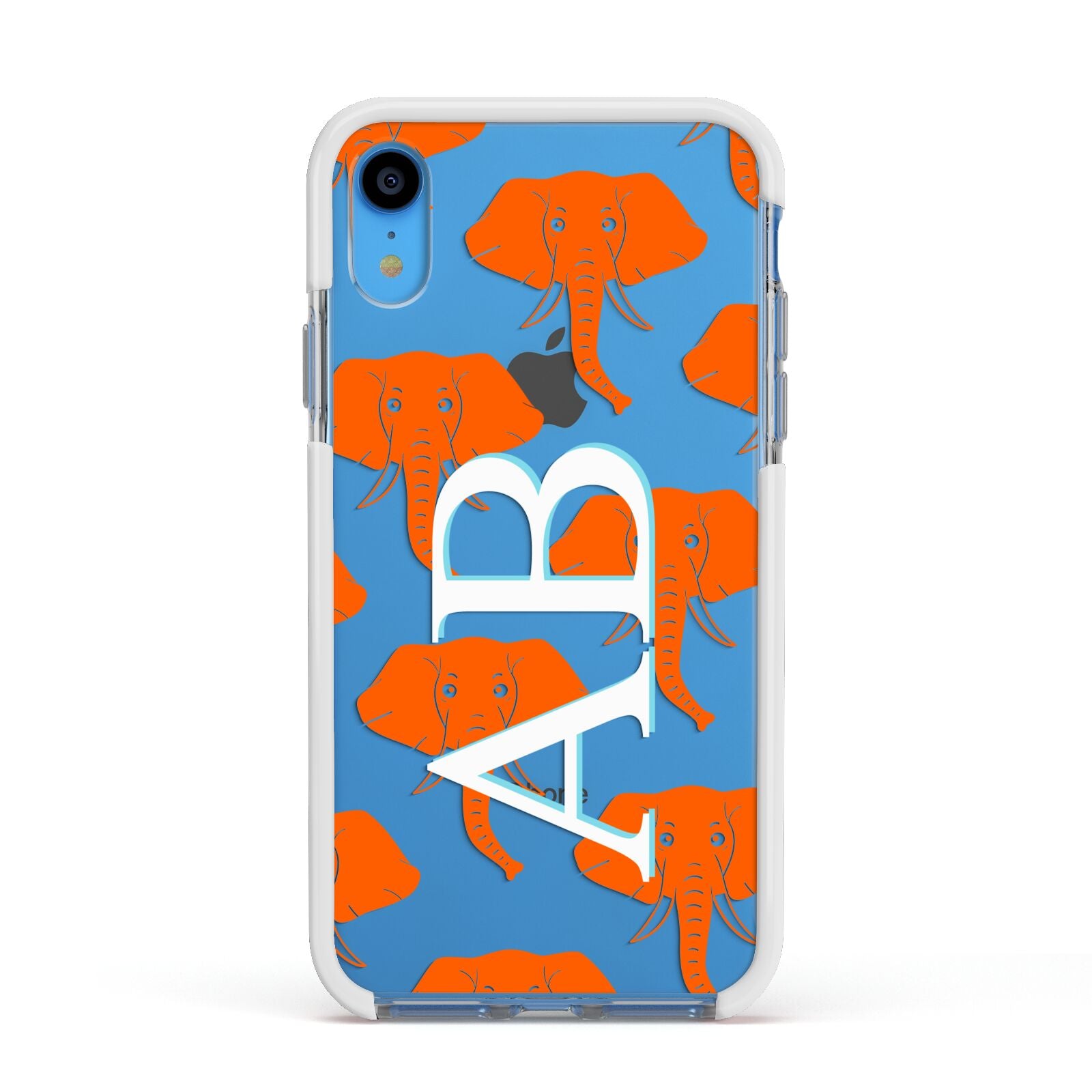 Custom Elephant Initials Apple iPhone XR Impact Case White Edge on Blue Phone