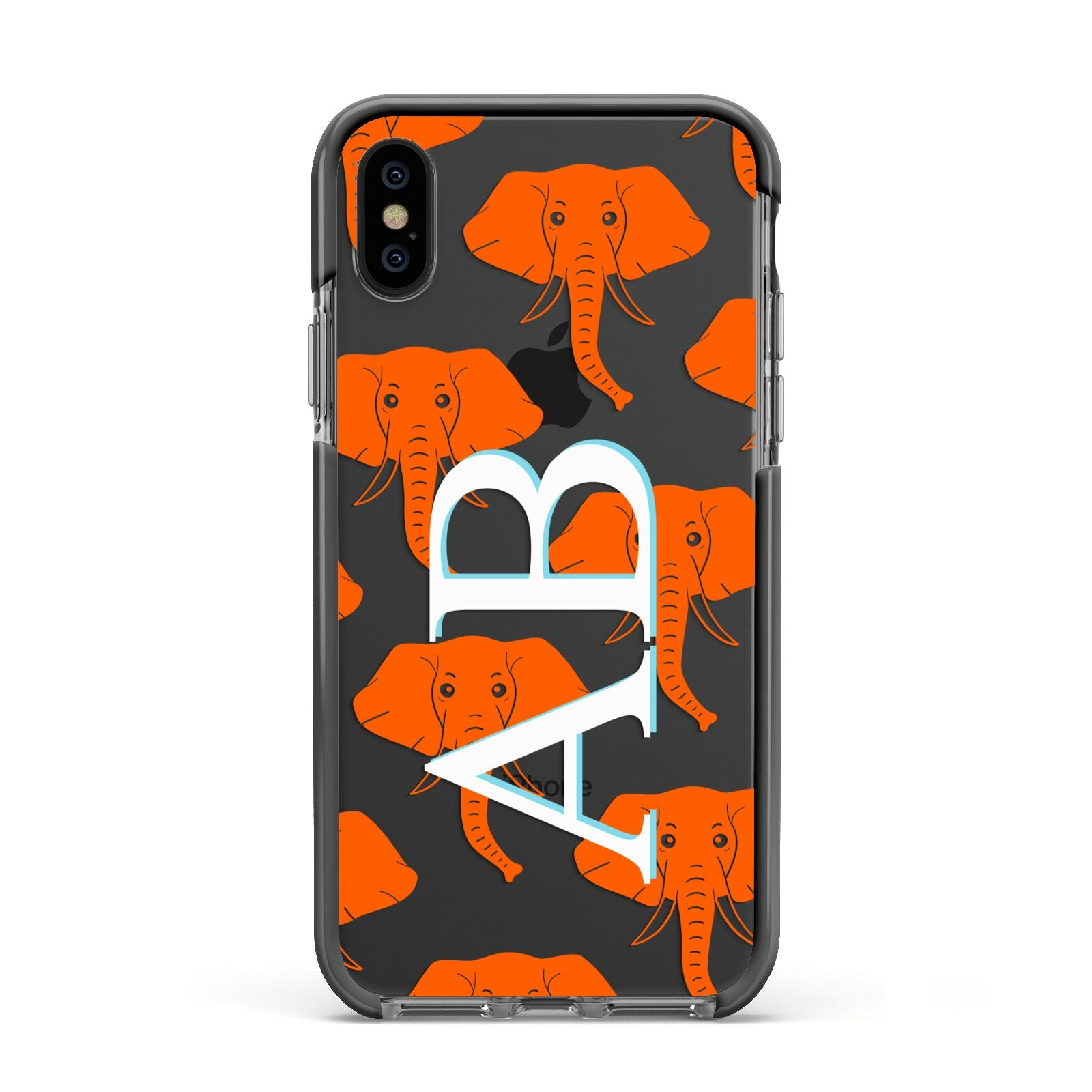 Custom Elephant Initials Apple iPhone Xs Impact Case Black Edge on Black Phone