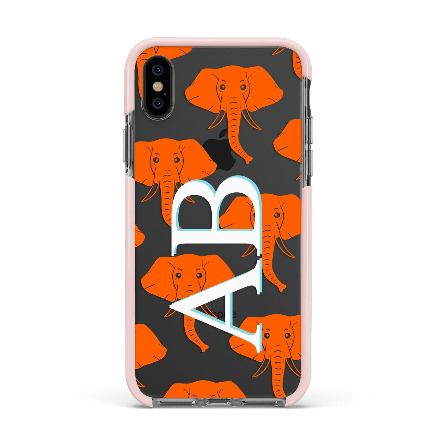 Custom Elephant Initials Apple iPhone Xs Impact Case Pink Edge on Black Phone