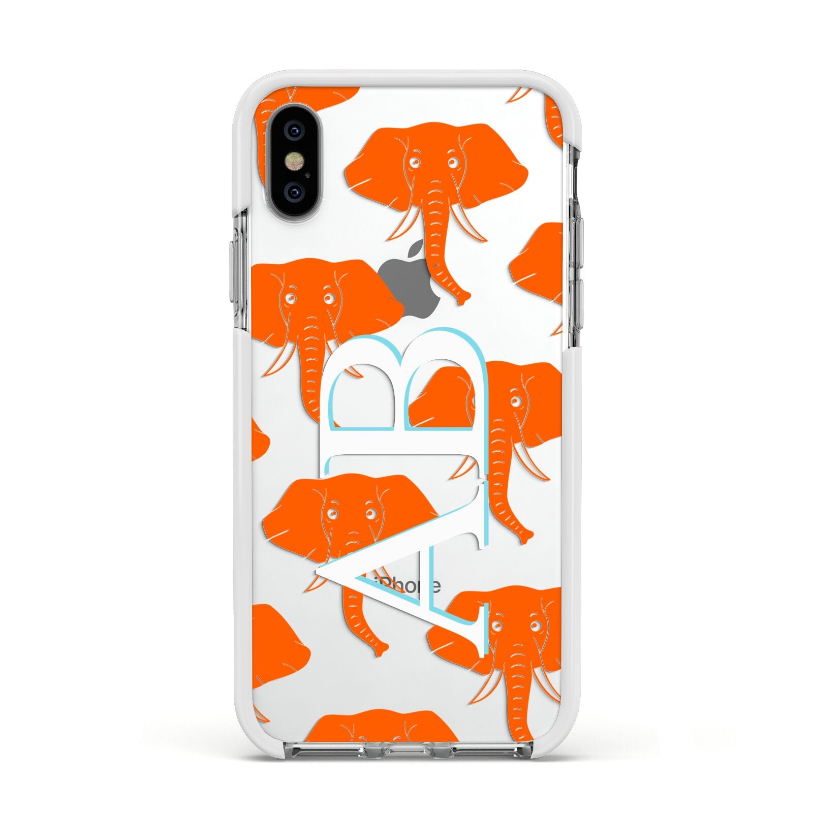 Custom Elephant Initials Apple iPhone Xs Impact Case White Edge on Silver Phone