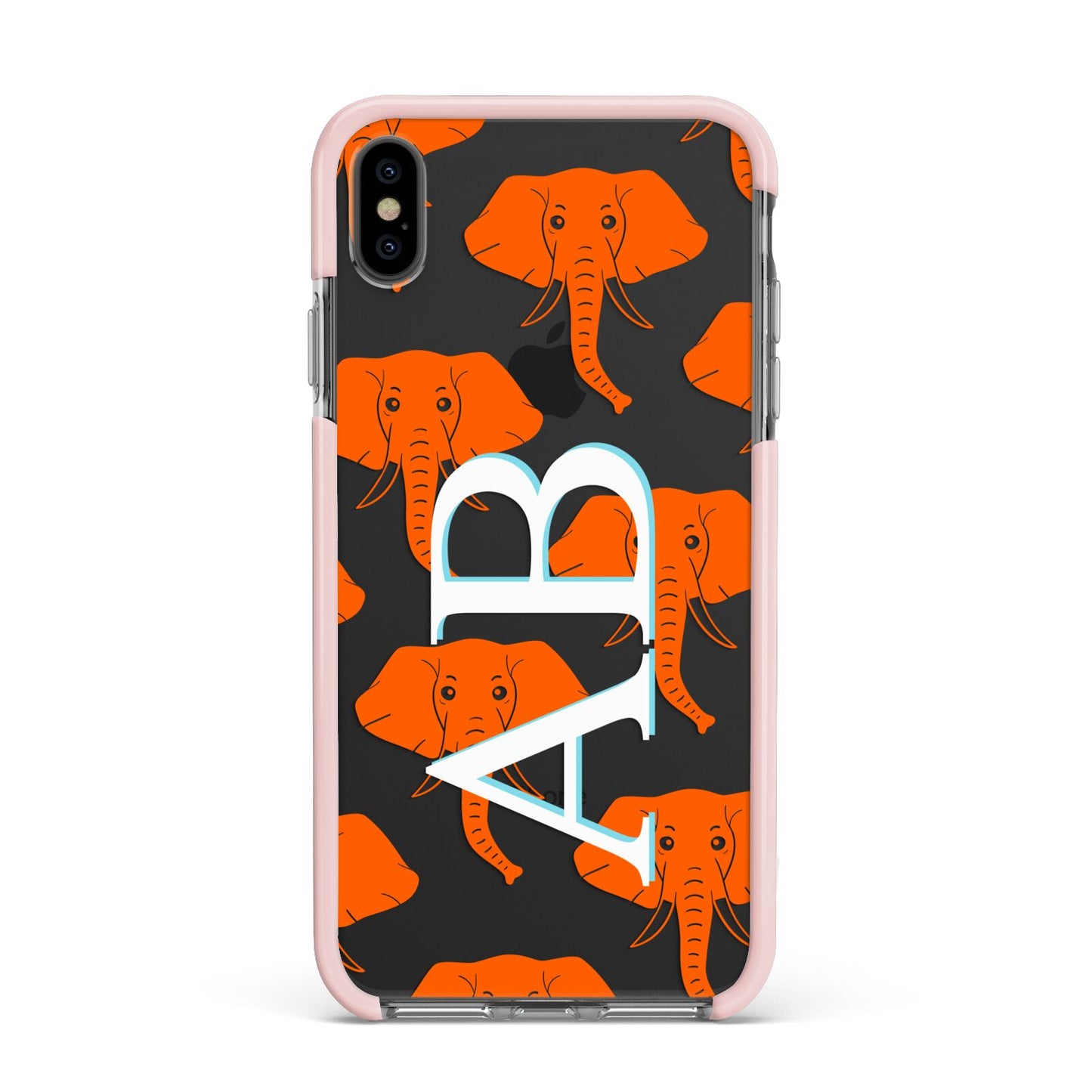 Custom Elephant Initials Apple iPhone Xs Max Impact Case Pink Edge on Black Phone