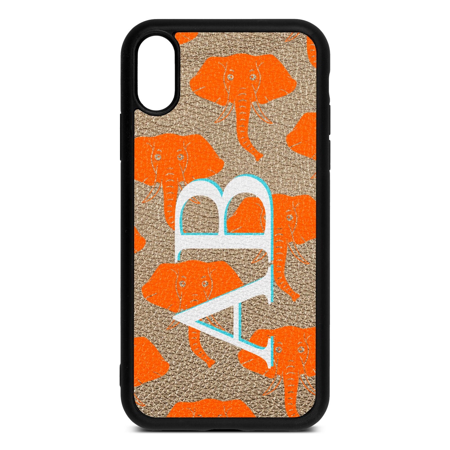 Custom Elephant Initials Gold Pebble Leather iPhone Xr Case