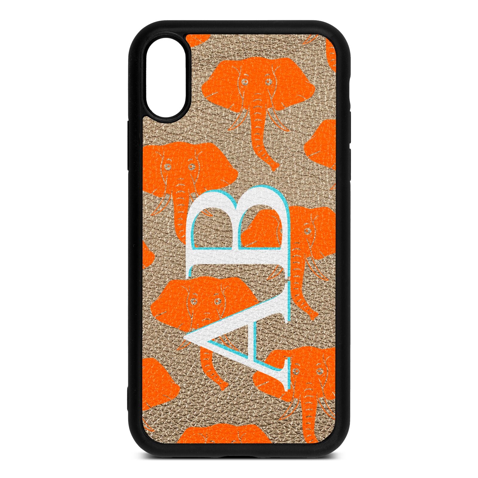 Custom Elephant Initials Gold Pebble Leather iPhone Xr Case