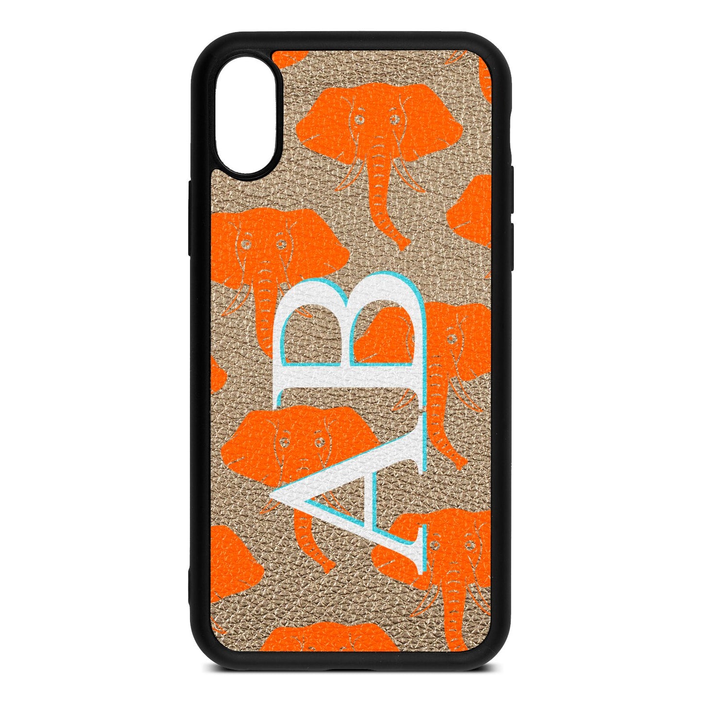 Custom Elephant Initials Gold Pebble Leather iPhone Xs Case