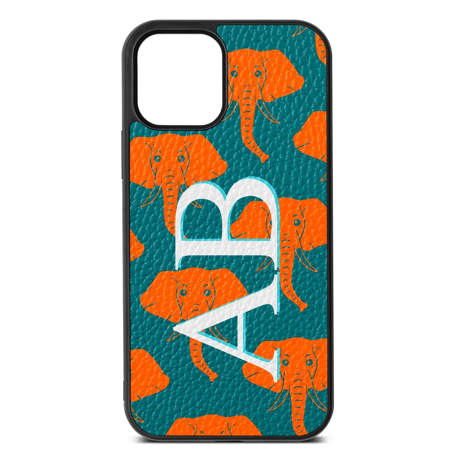 Custom Elephant Initials Green Pebble Leather iPhone 12 Case