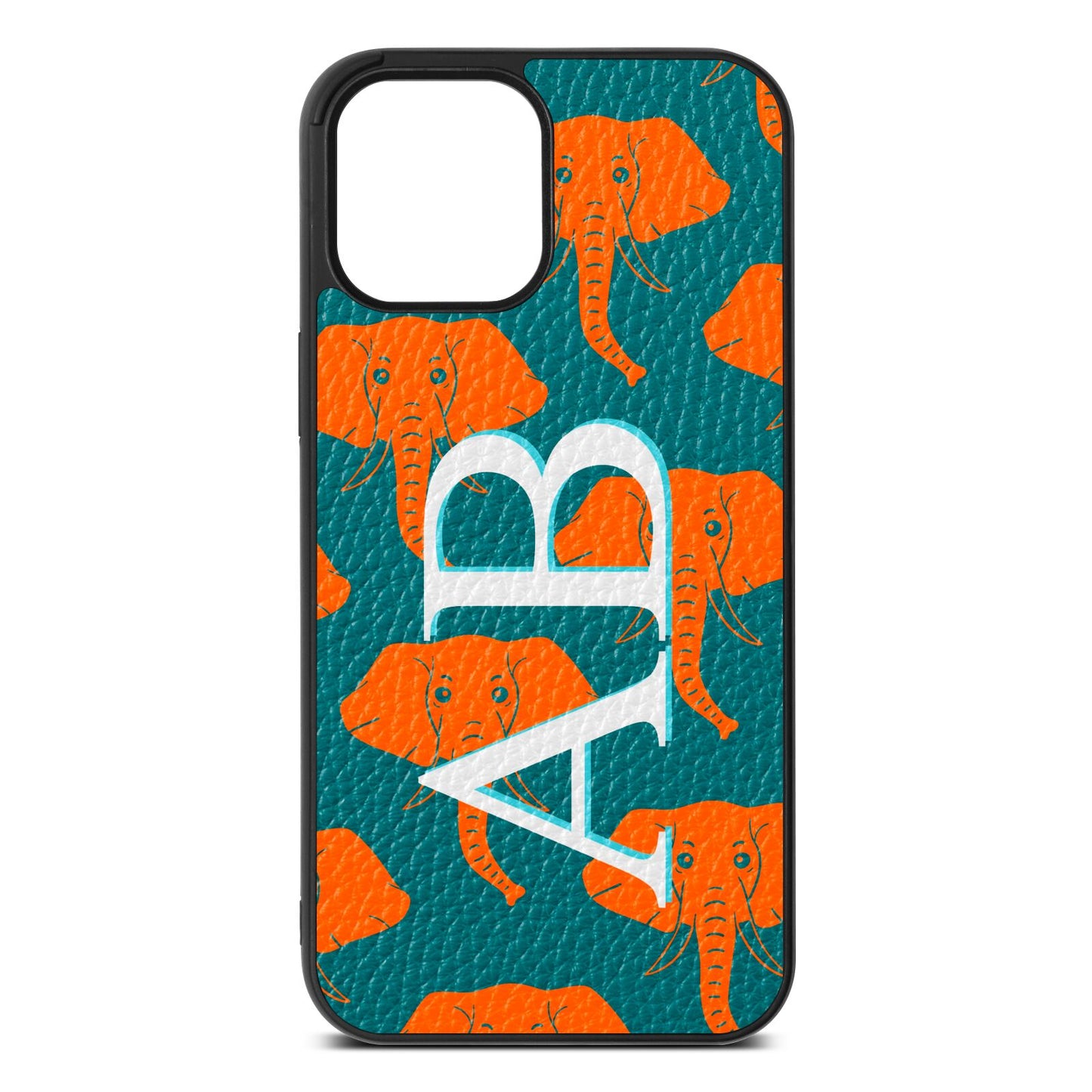 Custom Elephant Initials Green Pebble Leather iPhone 12 Pro Max Case