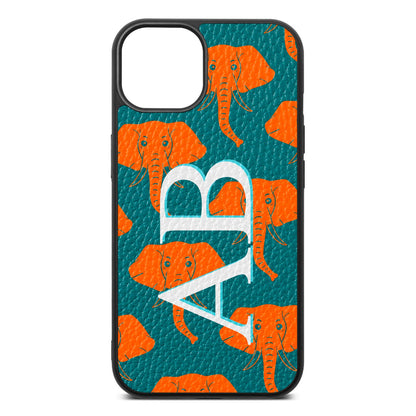 Custom Elephant Initials Green Pebble Leather iPhone 13 Case