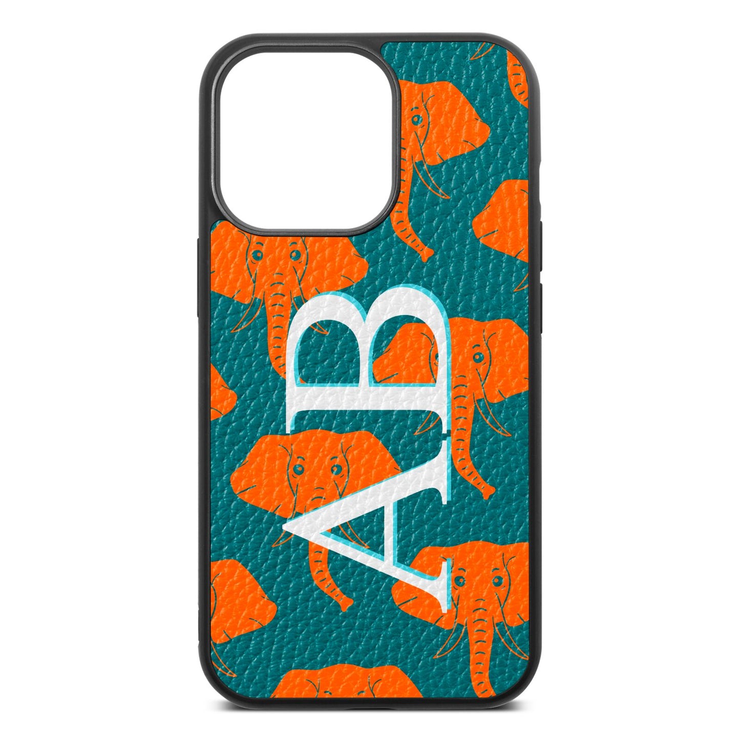 Custom Elephant Initials Green Pebble Leather iPhone 13 Pro Case