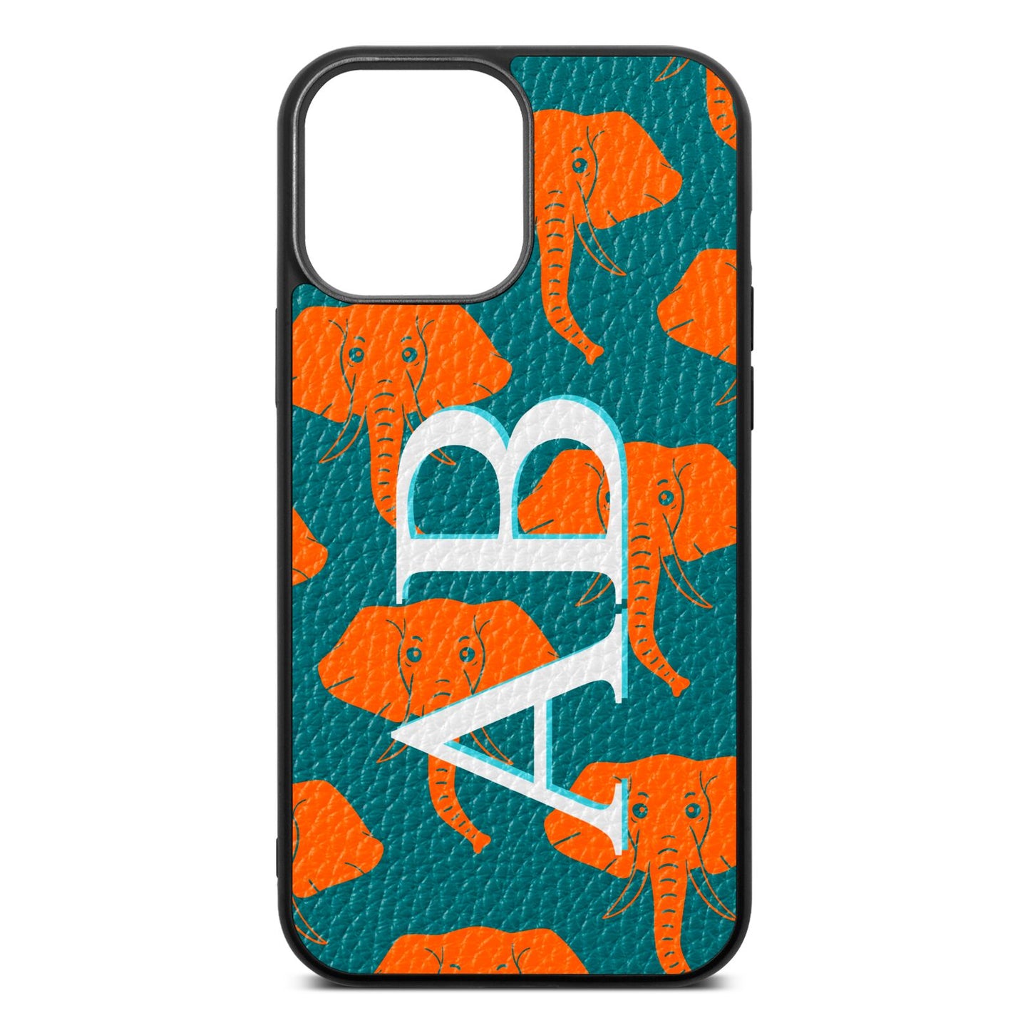 Custom Elephant Initials Green Pebble Leather iPhone 13 Pro Max Case