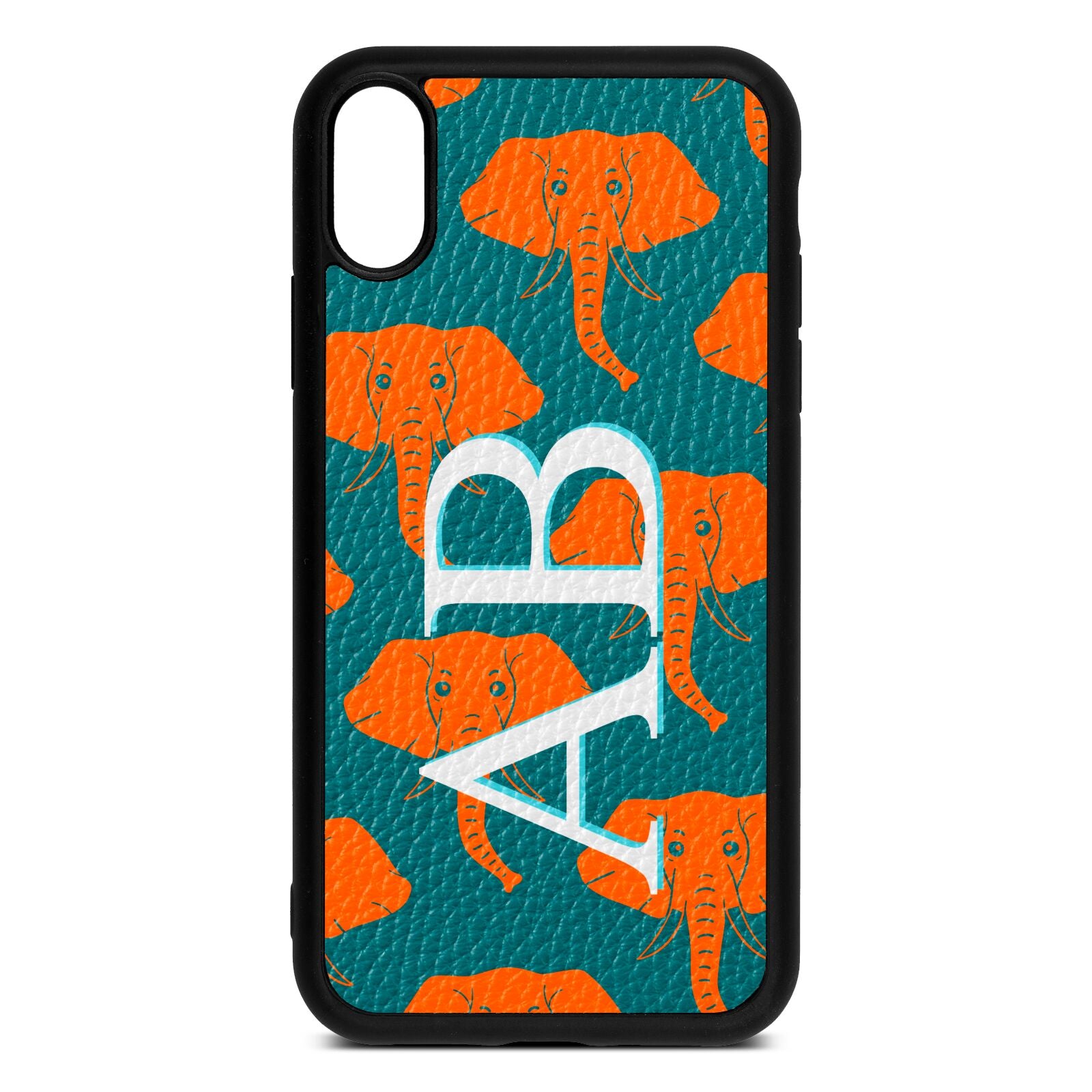 Custom Elephant Initials Green Pebble Leather iPhone Xr Case