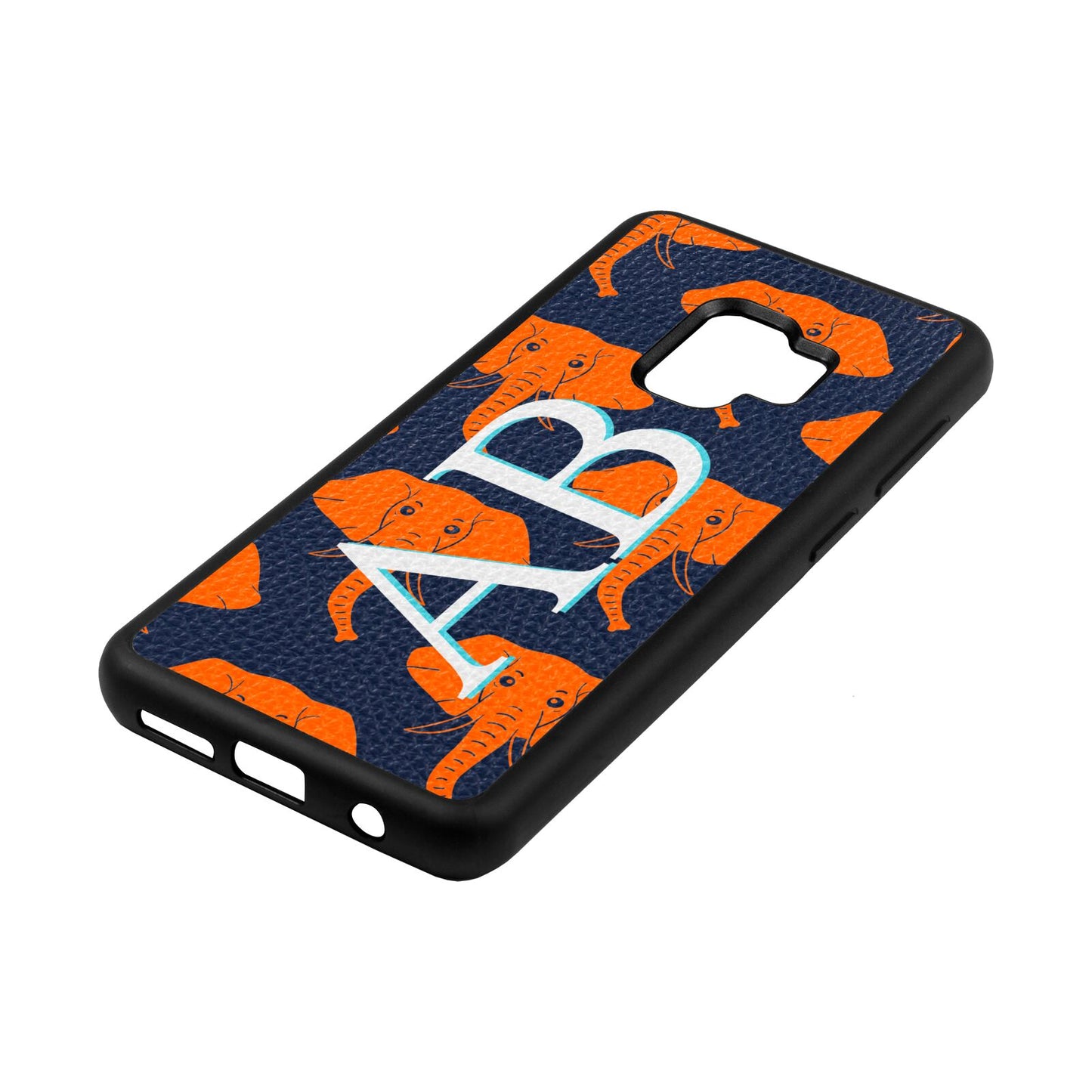 Custom Elephant Initials Navy Blue Pebble Leather Samsung S9 Case Side Angle