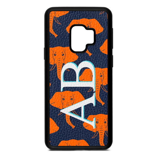 Custom Elephant Initials Navy Blue Pebble Leather Samsung S9 Case