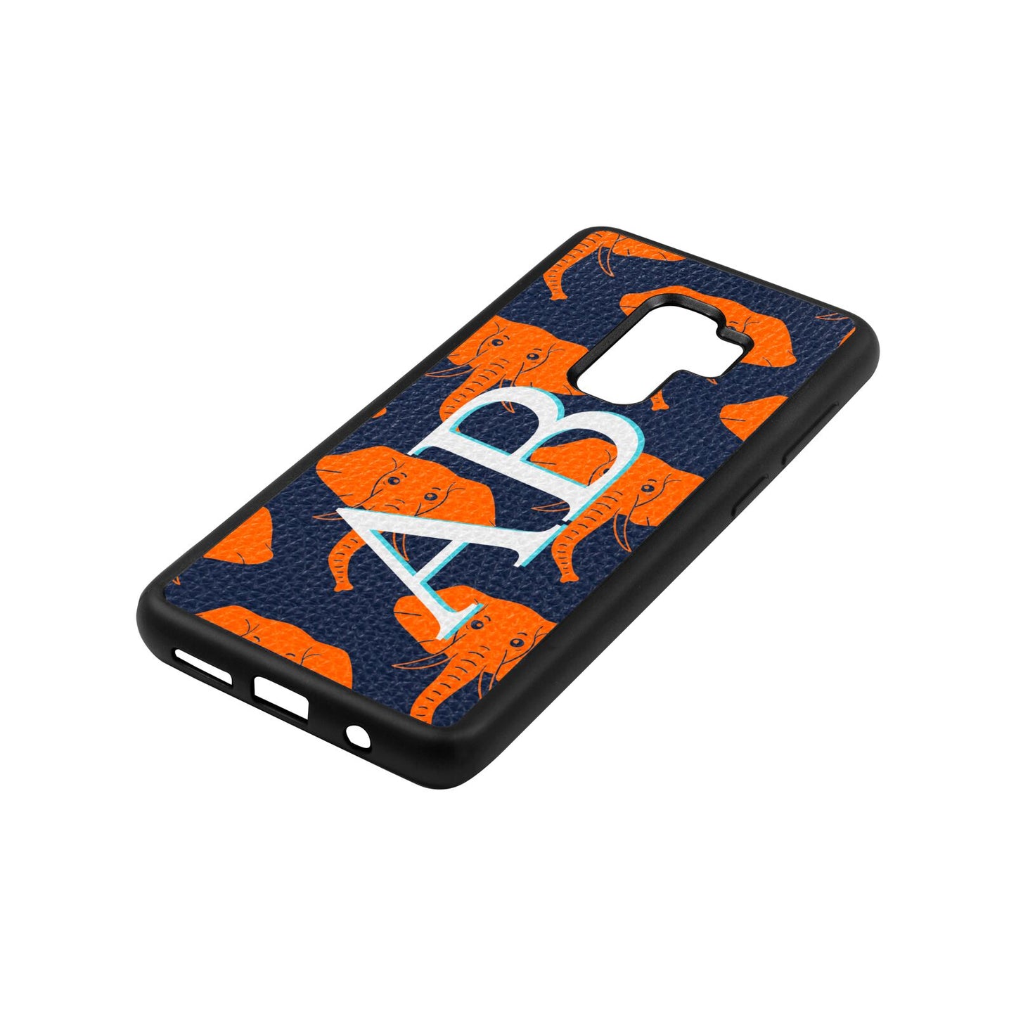 Custom Elephant Initials Navy Blue Pebble Leather Samsung S9 Plus Case Side Angle