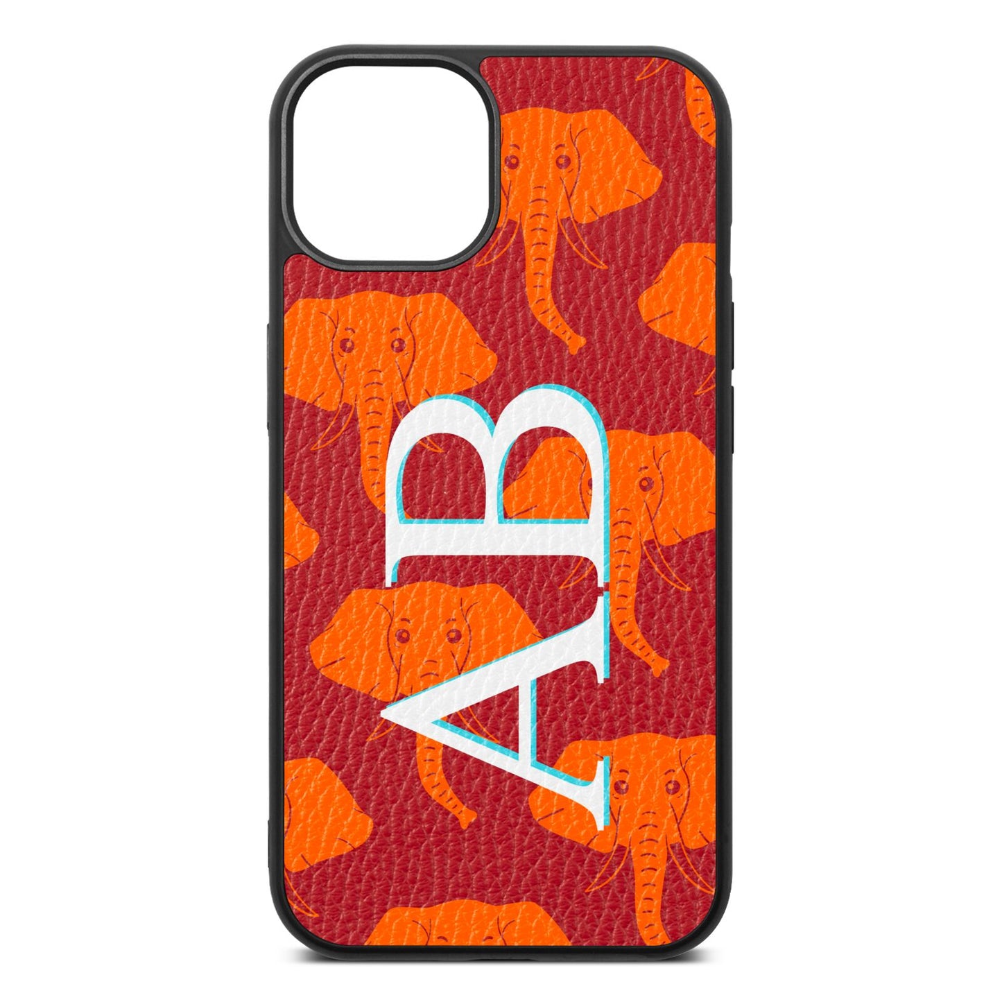 Custom Elephant Initials Red Pebble Leather iPhone 13 Case