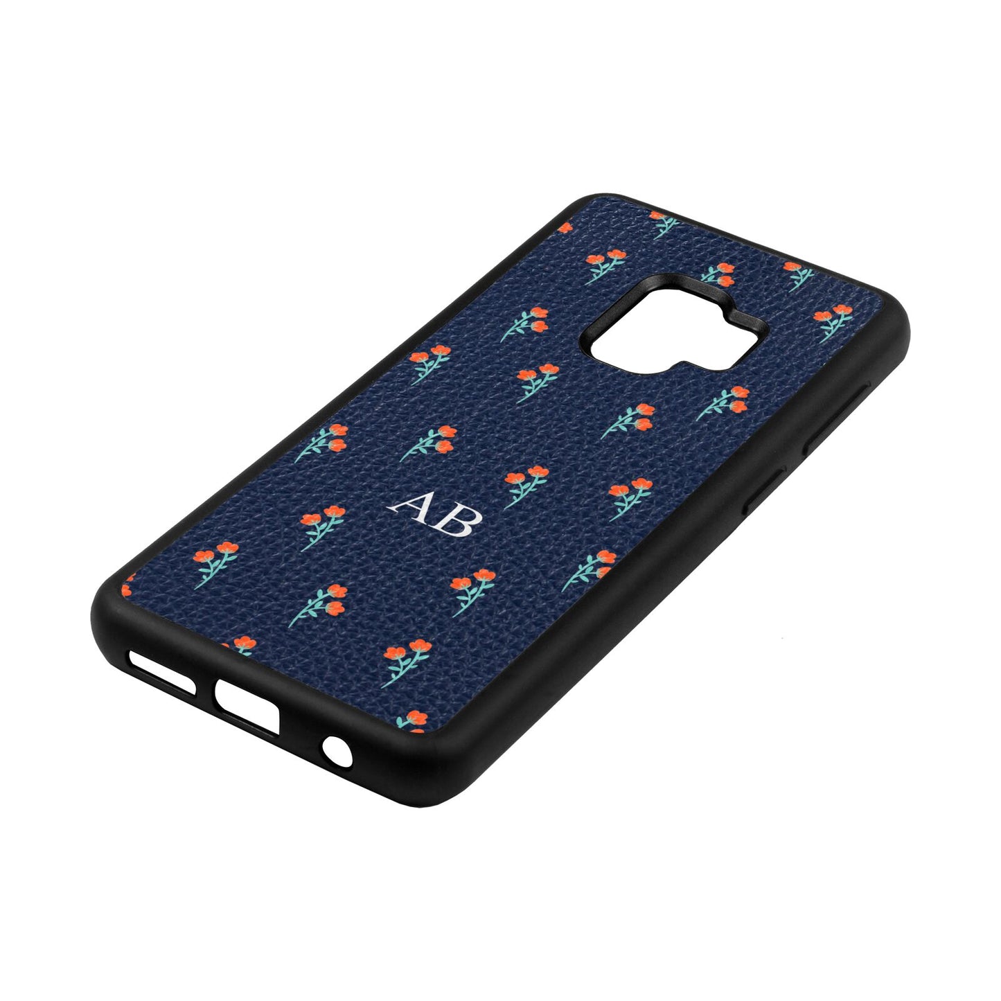 Custom Floral Navy Blue Pebble Leather Samsung S9 Case Side Angle