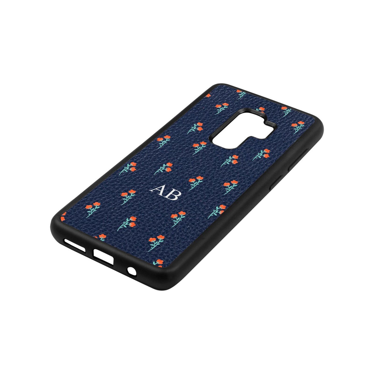 Custom Floral Navy Blue Pebble Leather Samsung S9 Plus Case Side Angle