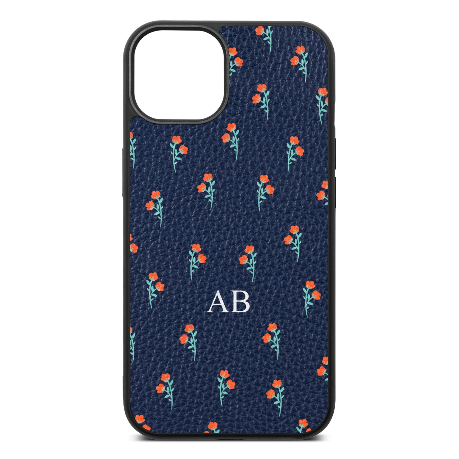 Custom Floral Navy Blue Pebble Leather iPhone 13 Case