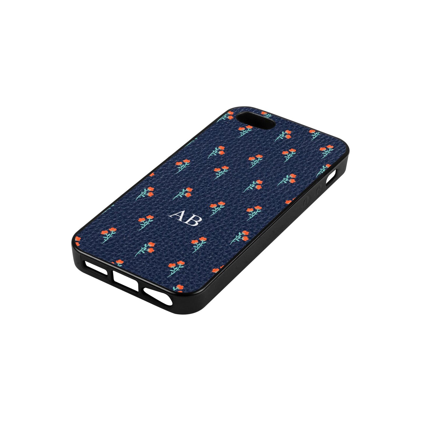 Custom Floral Navy Blue Pebble Leather iPhone 5 Case Side Angle