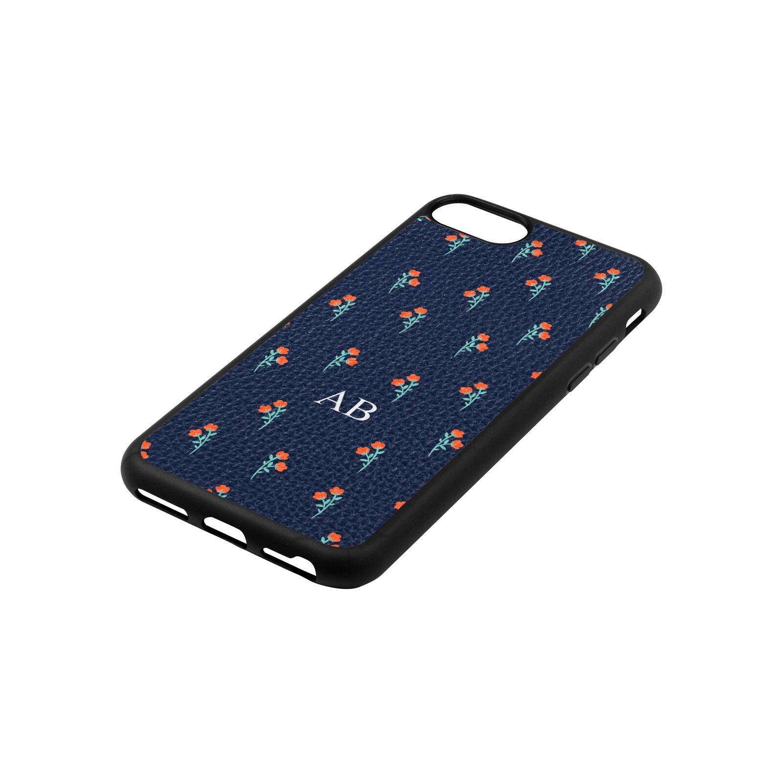 Custom Floral Navy Blue Pebble Leather iPhone 8 Case Side Angle