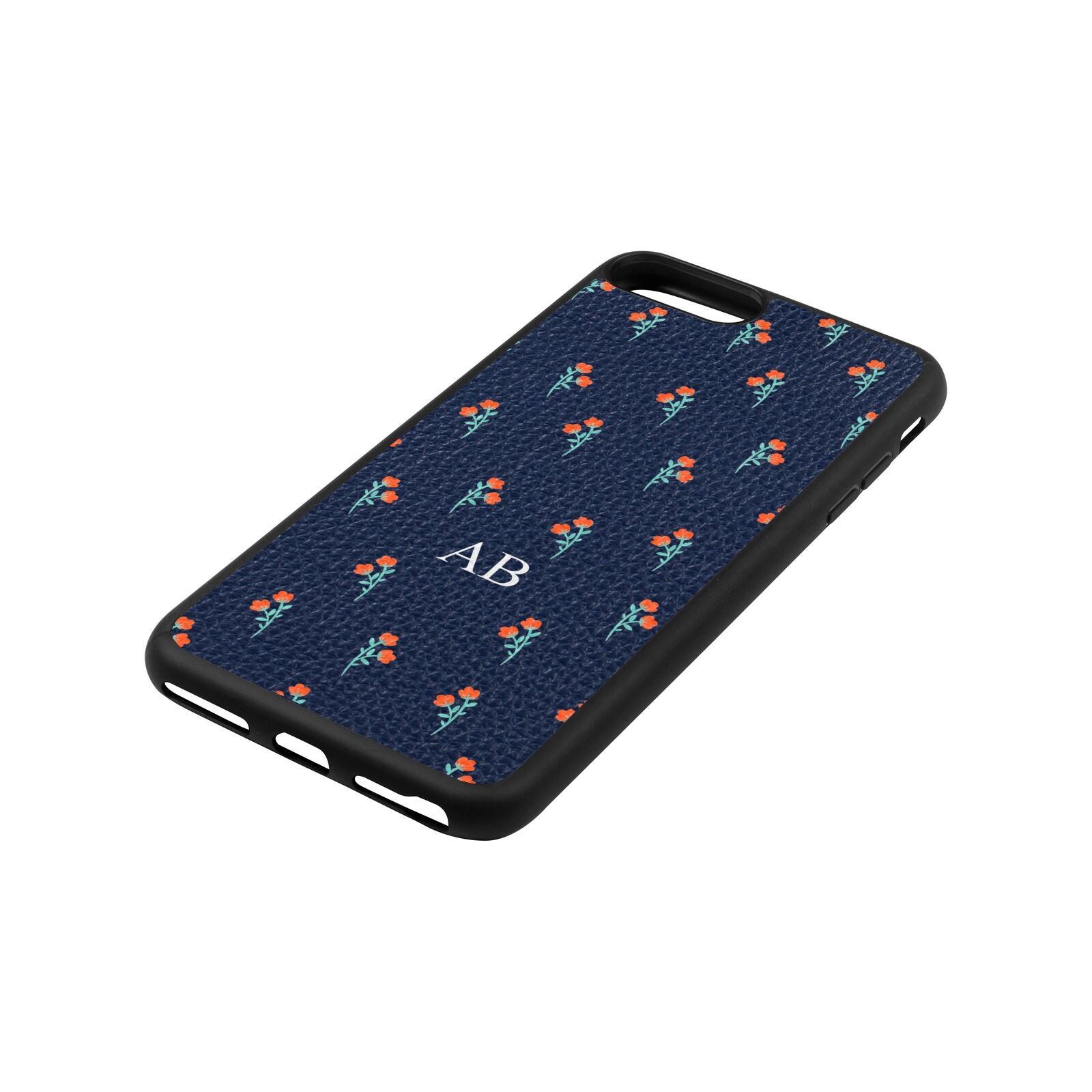 Custom Floral Navy Blue Pebble Leather iPhone 8 Plus Case Side Angle