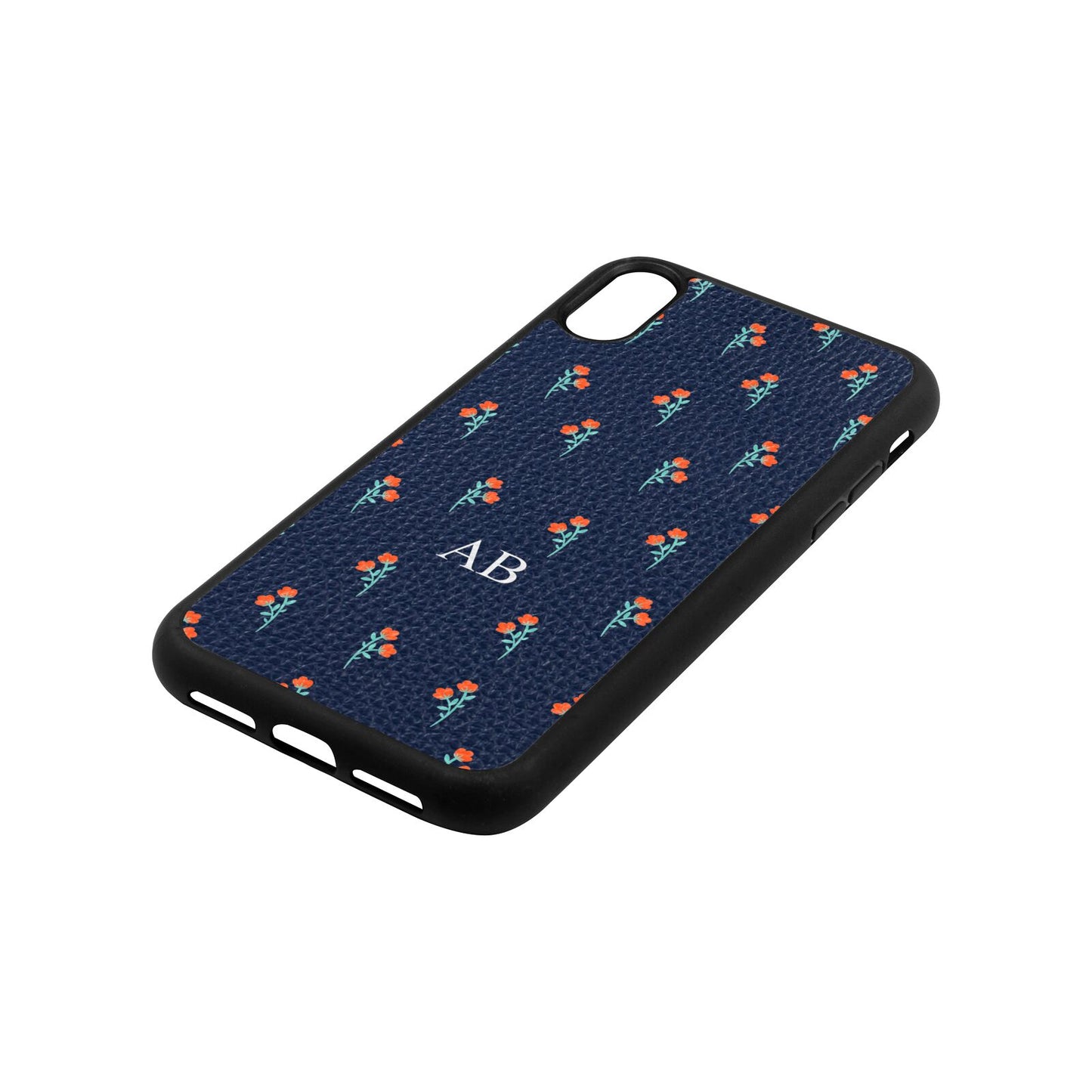 Custom Floral Navy Blue Pebble Leather iPhone Xr Case Side Angle