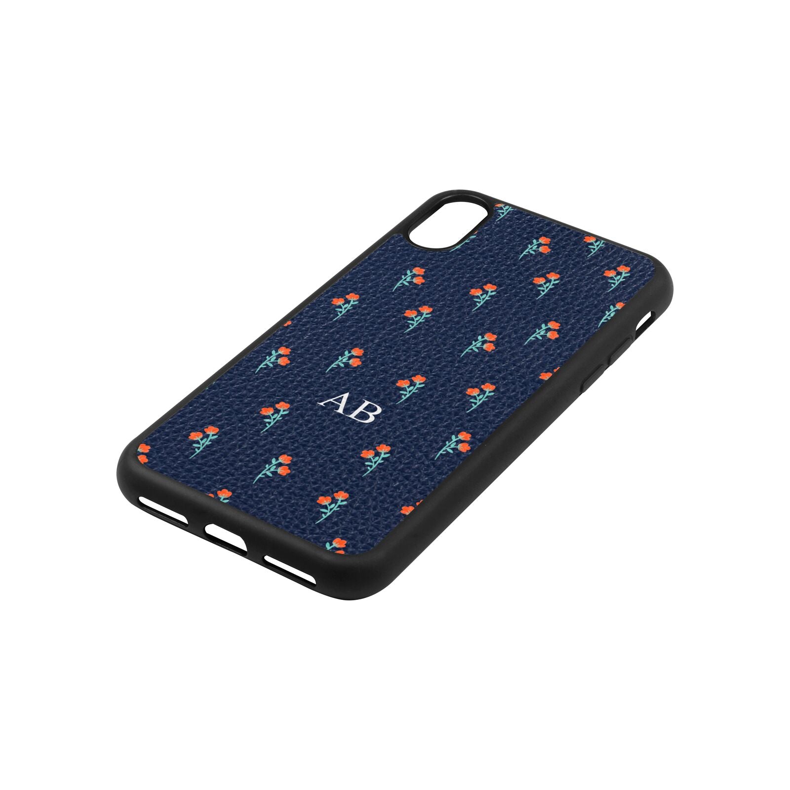 Custom Floral Navy Blue Pebble Leather iPhone Xs Case Side Image