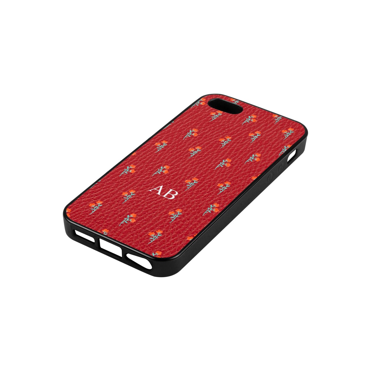 Custom Floral Red Pebble Leather iPhone 5 Case Side Angle