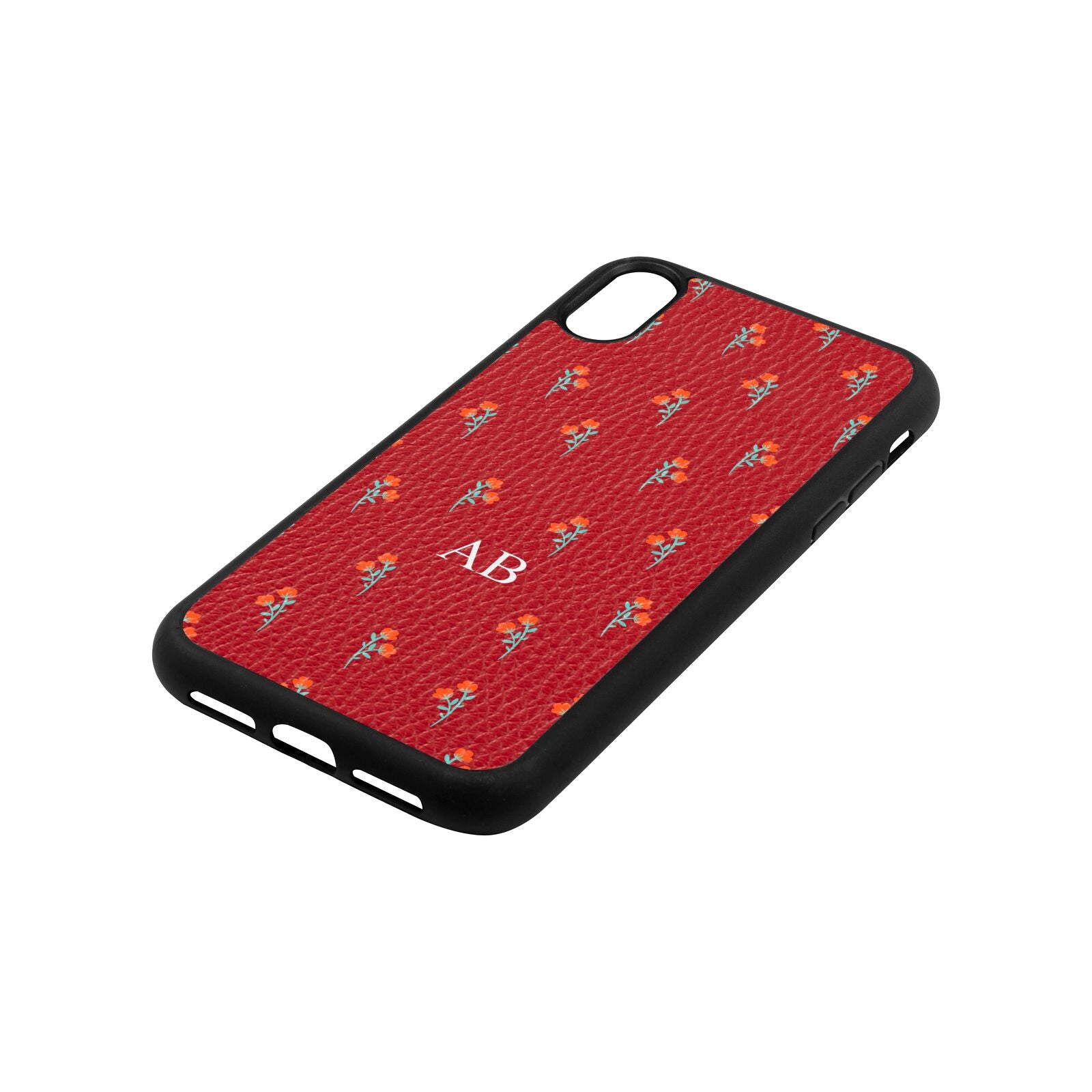 Custom Floral Red Pebble Leather iPhone Xr Case Side Angle