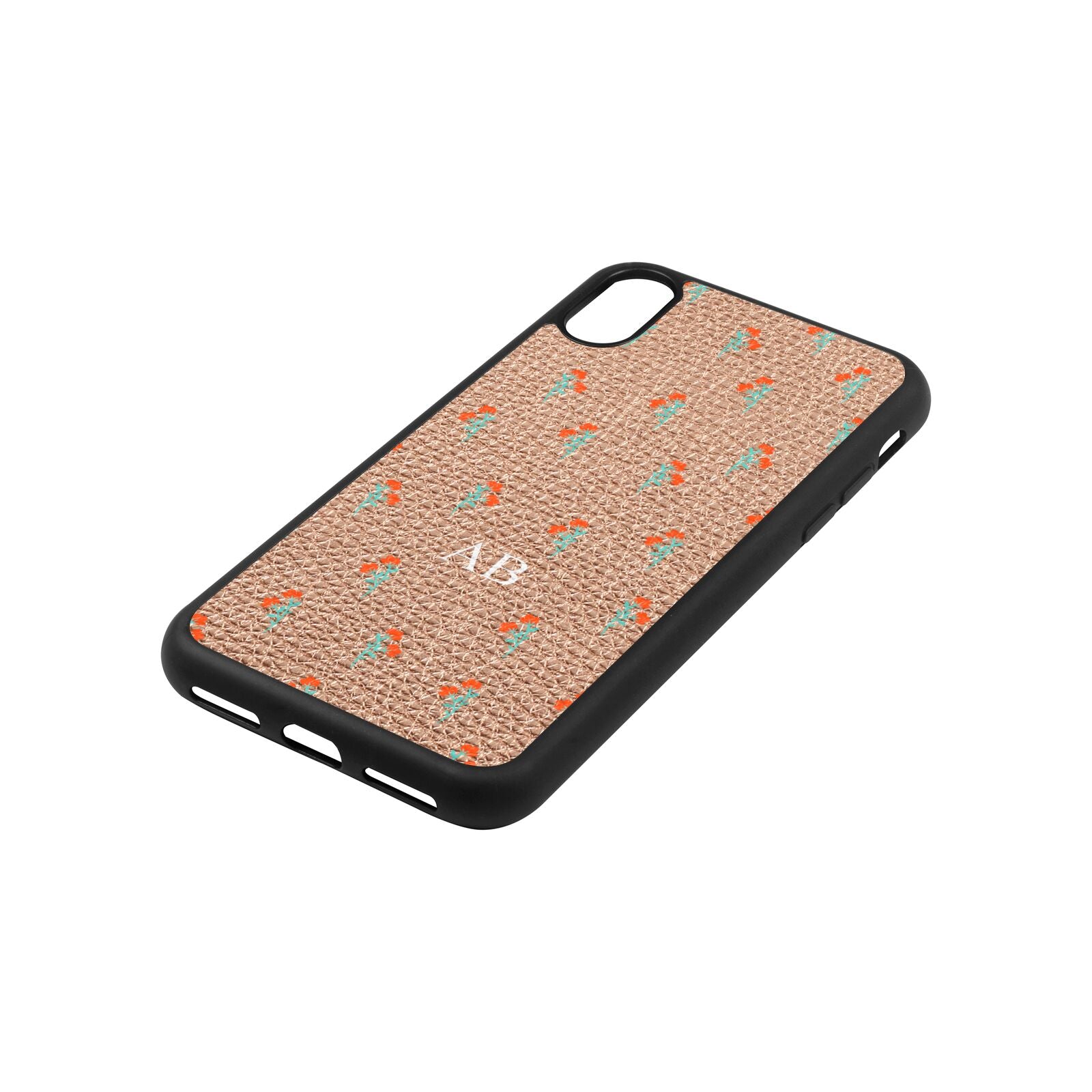 Custom Floral Rose Gold Pebble Leather iPhone Xs Case Side Angle