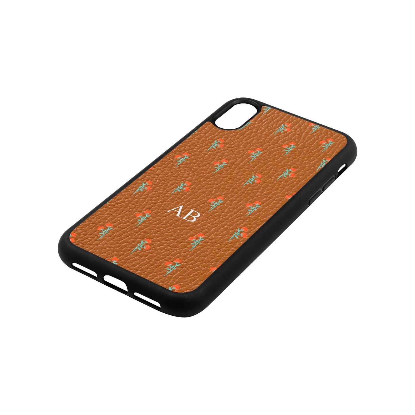 Custom Floral Tan Pebble Leather iPhone Xr Case Side Angle