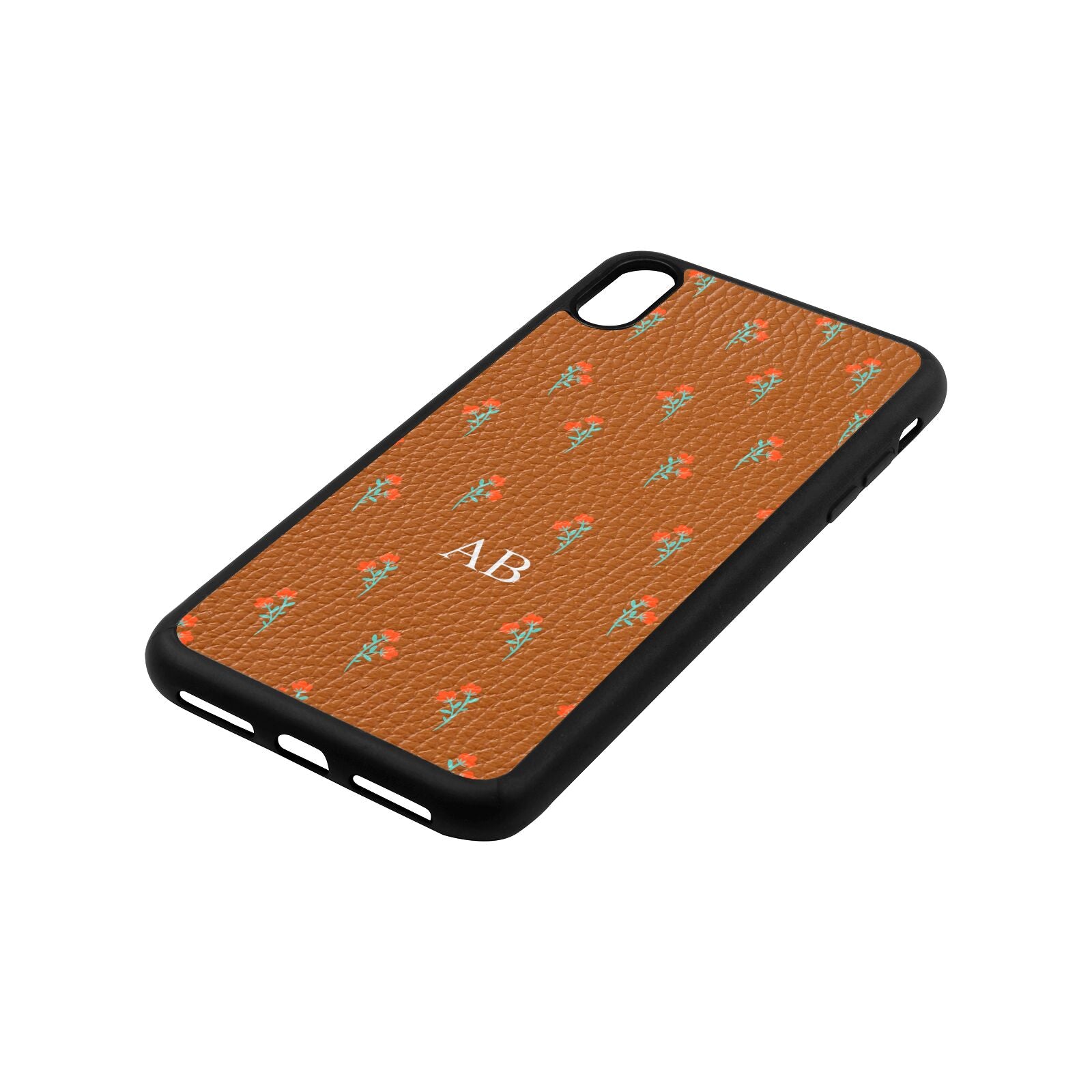 Custom Floral Tan Pebble Leather iPhone Xs Max Case Side Angle