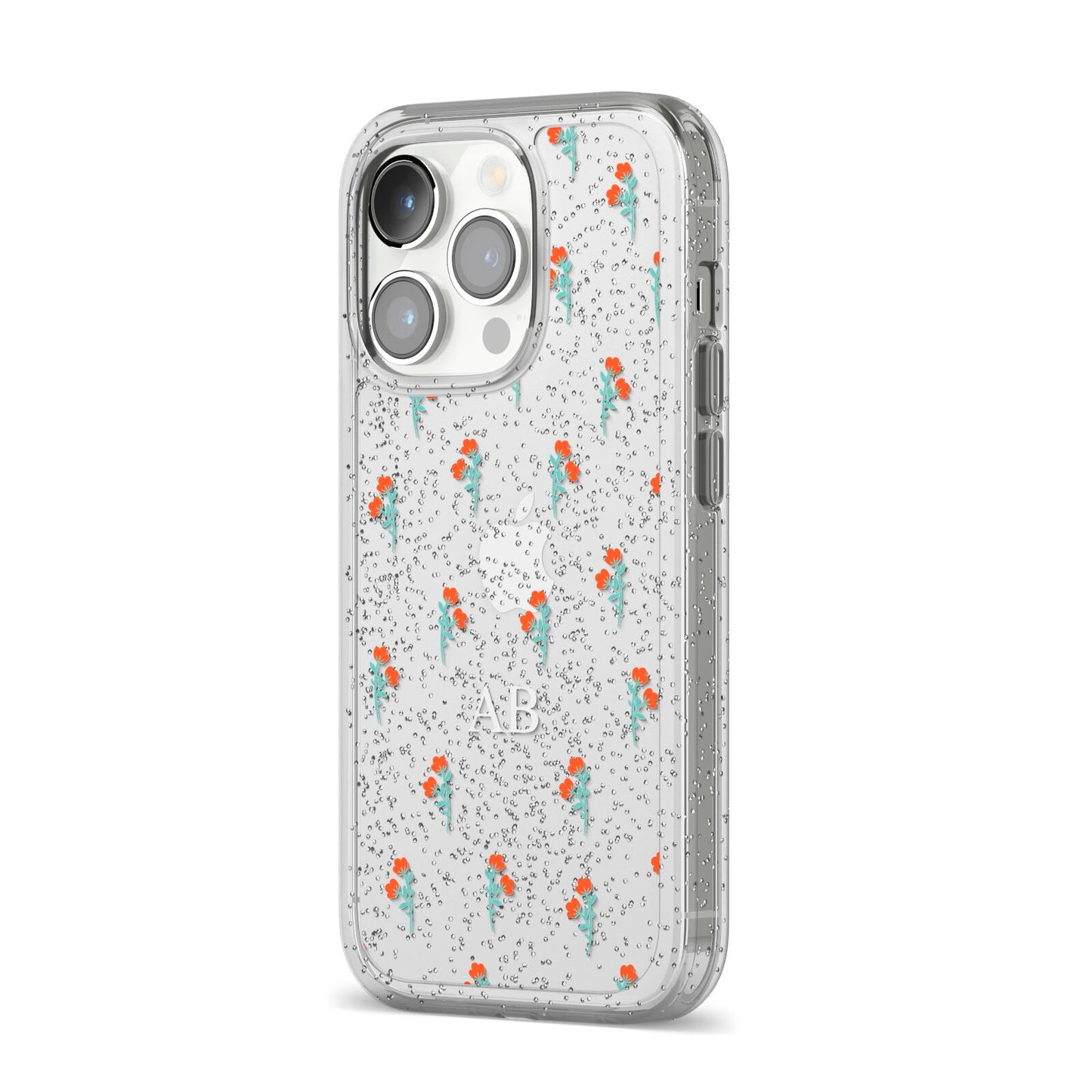 Custom Floral iPhone 14 Pro Glitter Tough Case Silver Angled Image