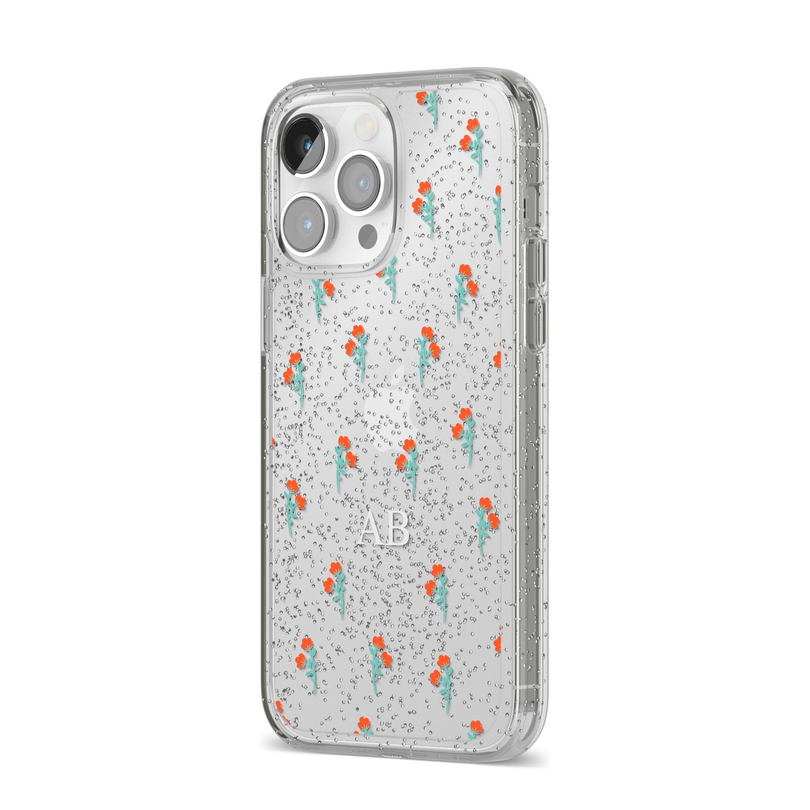 Custom Floral iPhone 14 Pro Max Glitter Tough Case Silver Angled Image