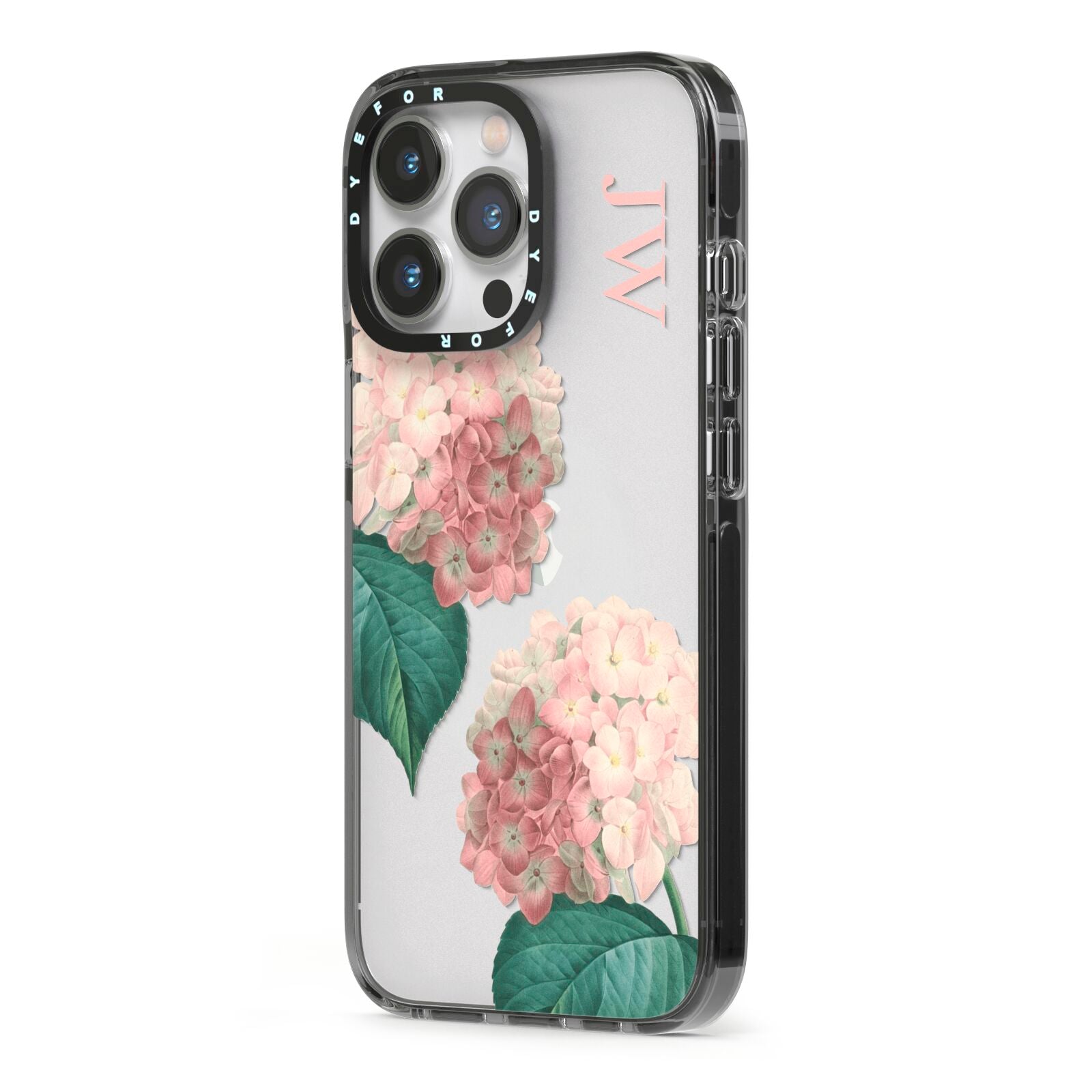 Custom Flower iPhone 13 Pro Black Impact Case Side Angle on Silver phone