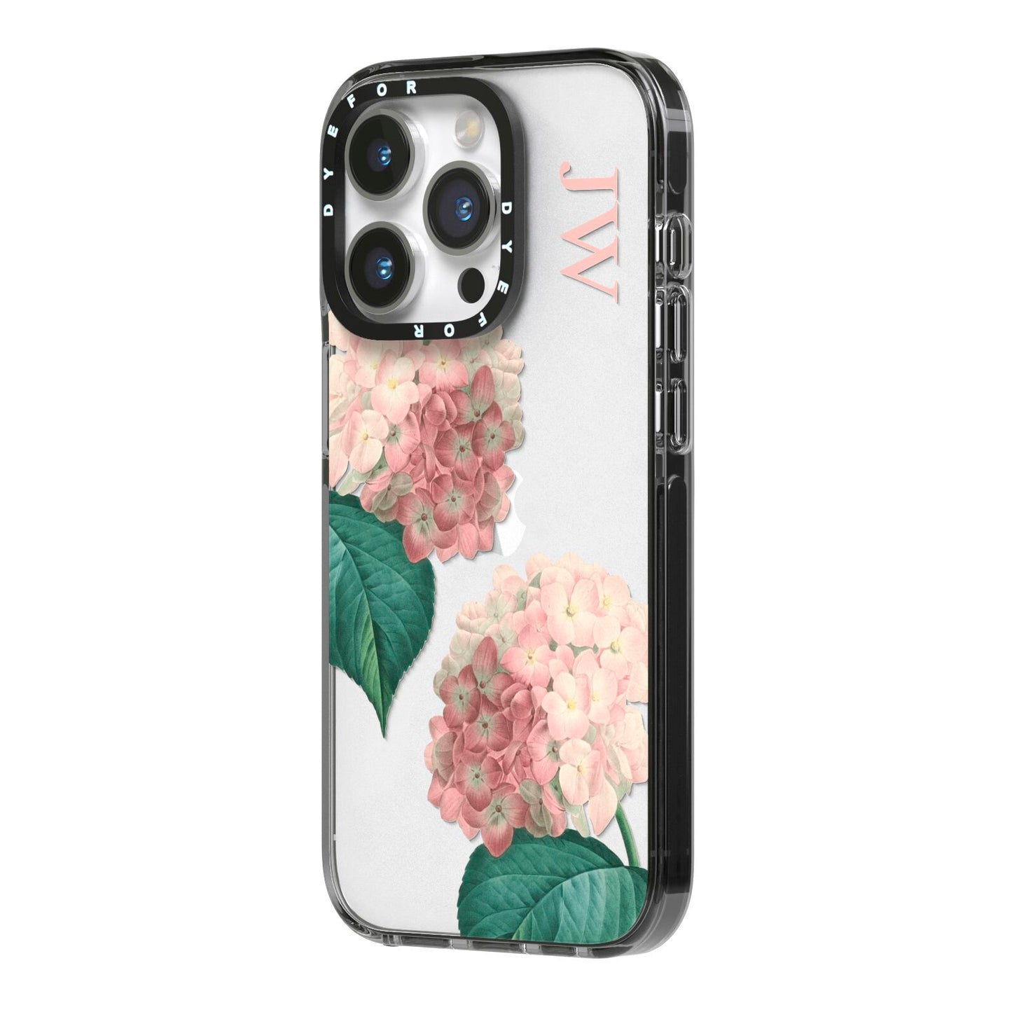 Custom Flower iPhone 14 Pro Black Impact Case Side Angle on Silver phone