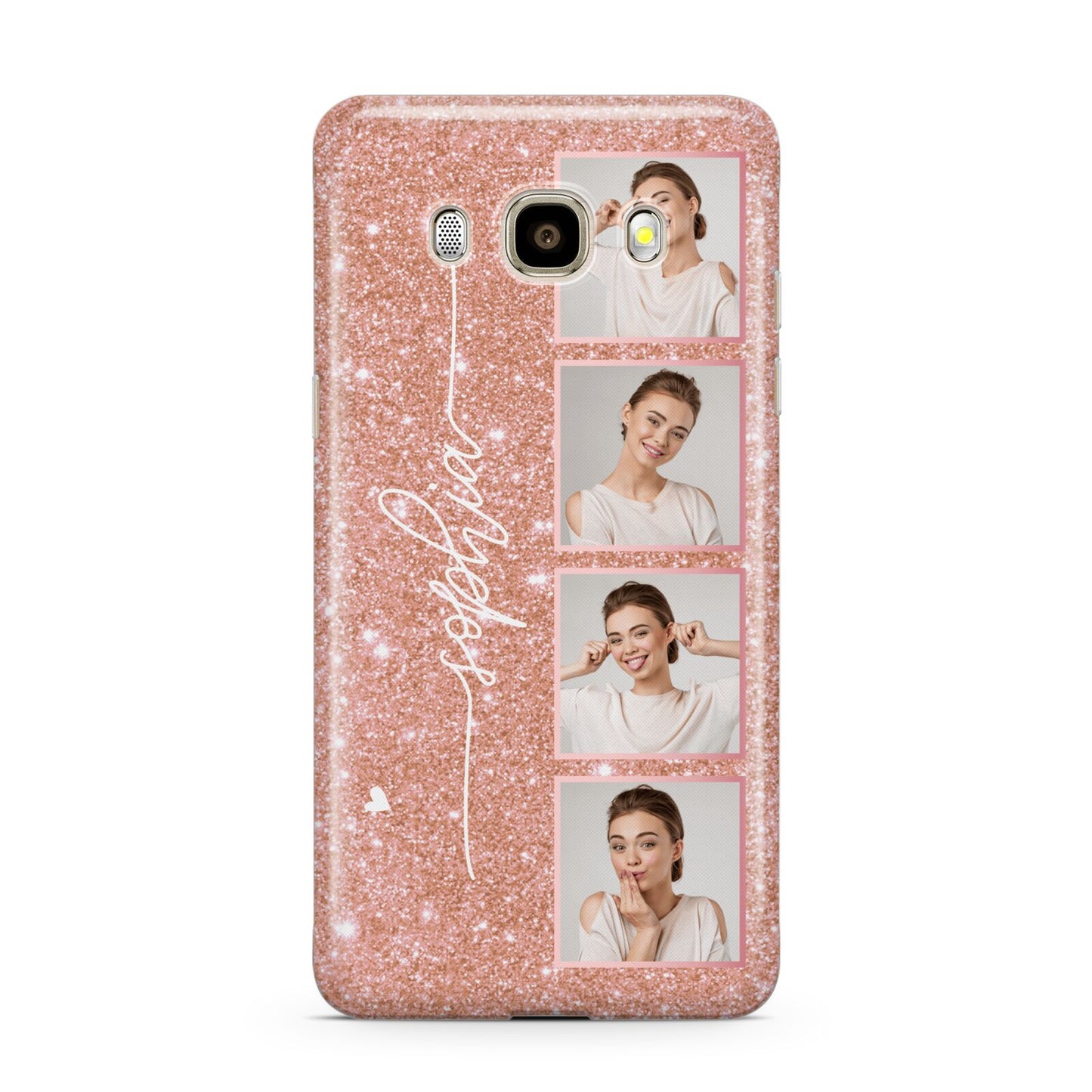 Custom Glitter Photo Strip Samsung Galaxy J7 2016 Case on gold phone