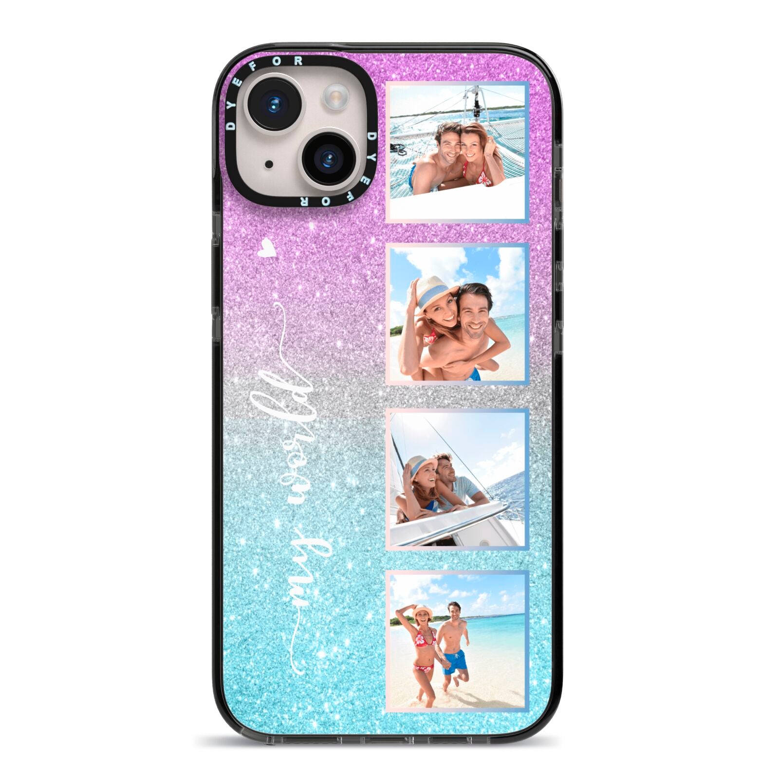 Custom Glitter Photo iPhone 14 Plus Black Impact Case on Silver phone