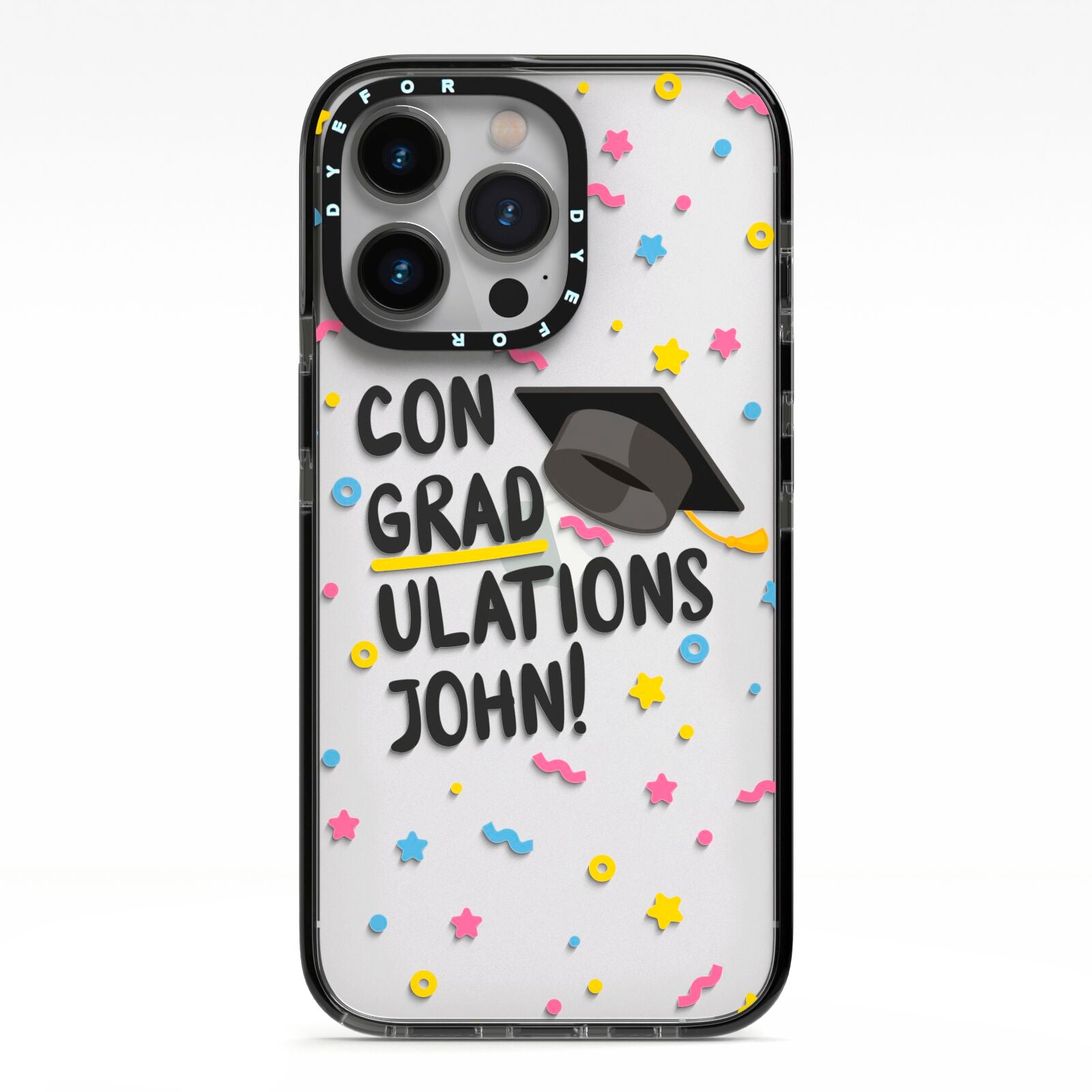 Custom Graduation iPhone 13 Pro Black Impact Case on Silver phone