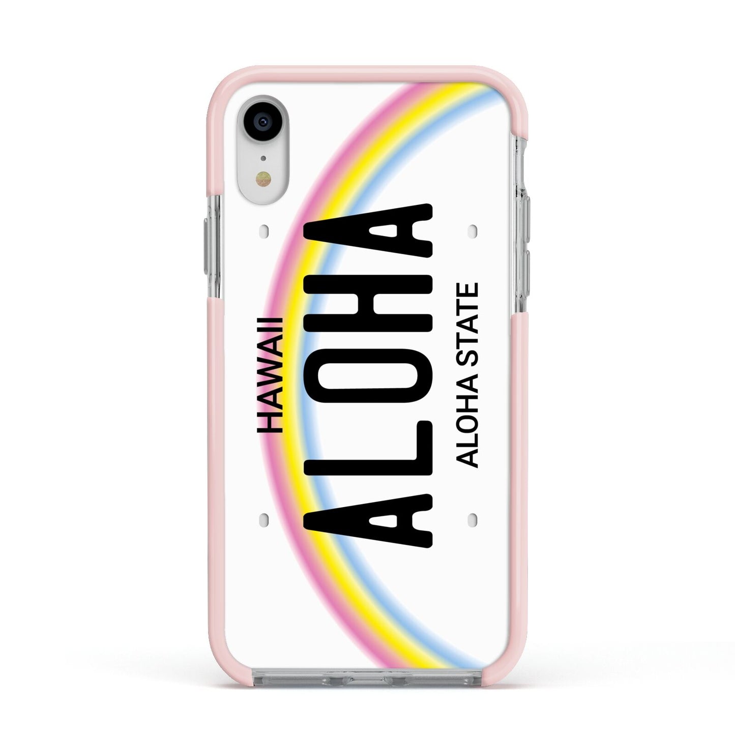 Custom Hawaii License Plate Apple iPhone XR Impact Case Pink Edge on Silver Phone