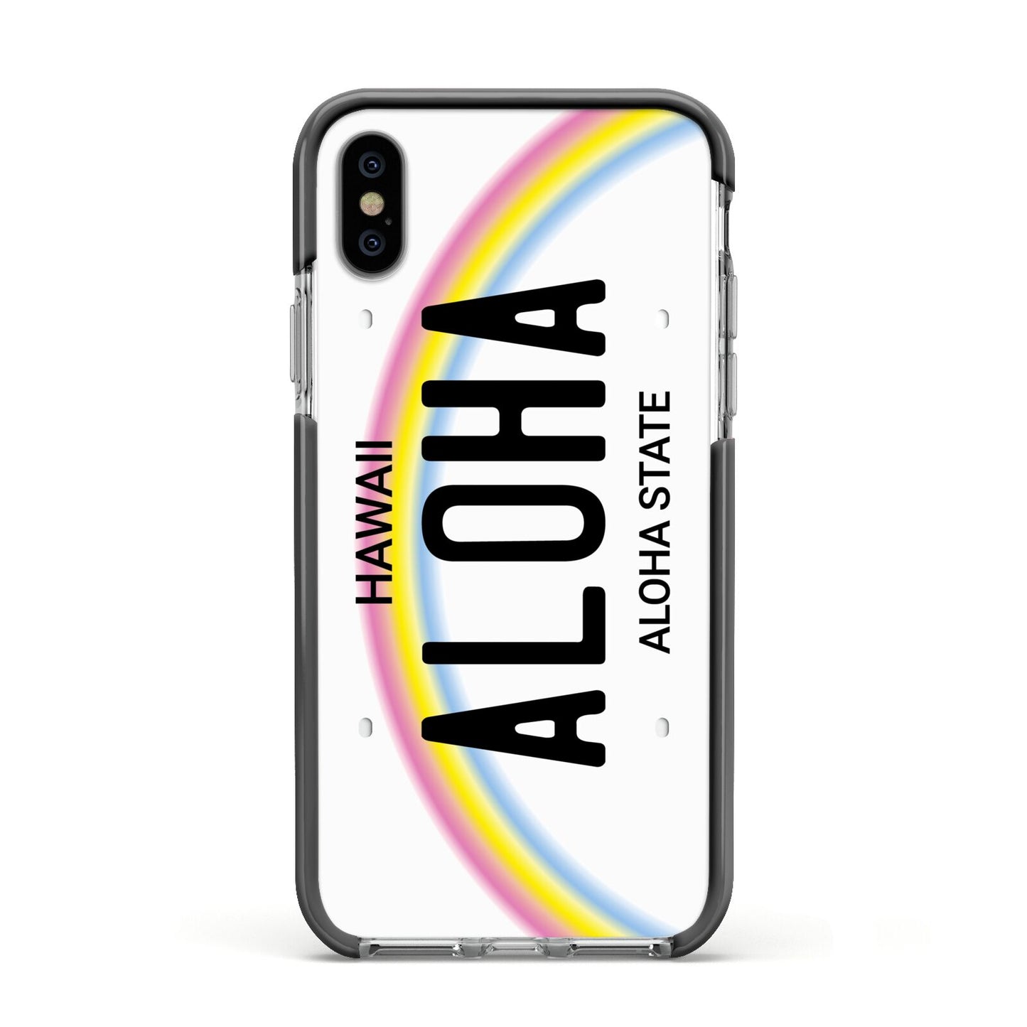 Custom Hawaii License Plate Apple iPhone Xs Impact Case Black Edge on Silver Phone