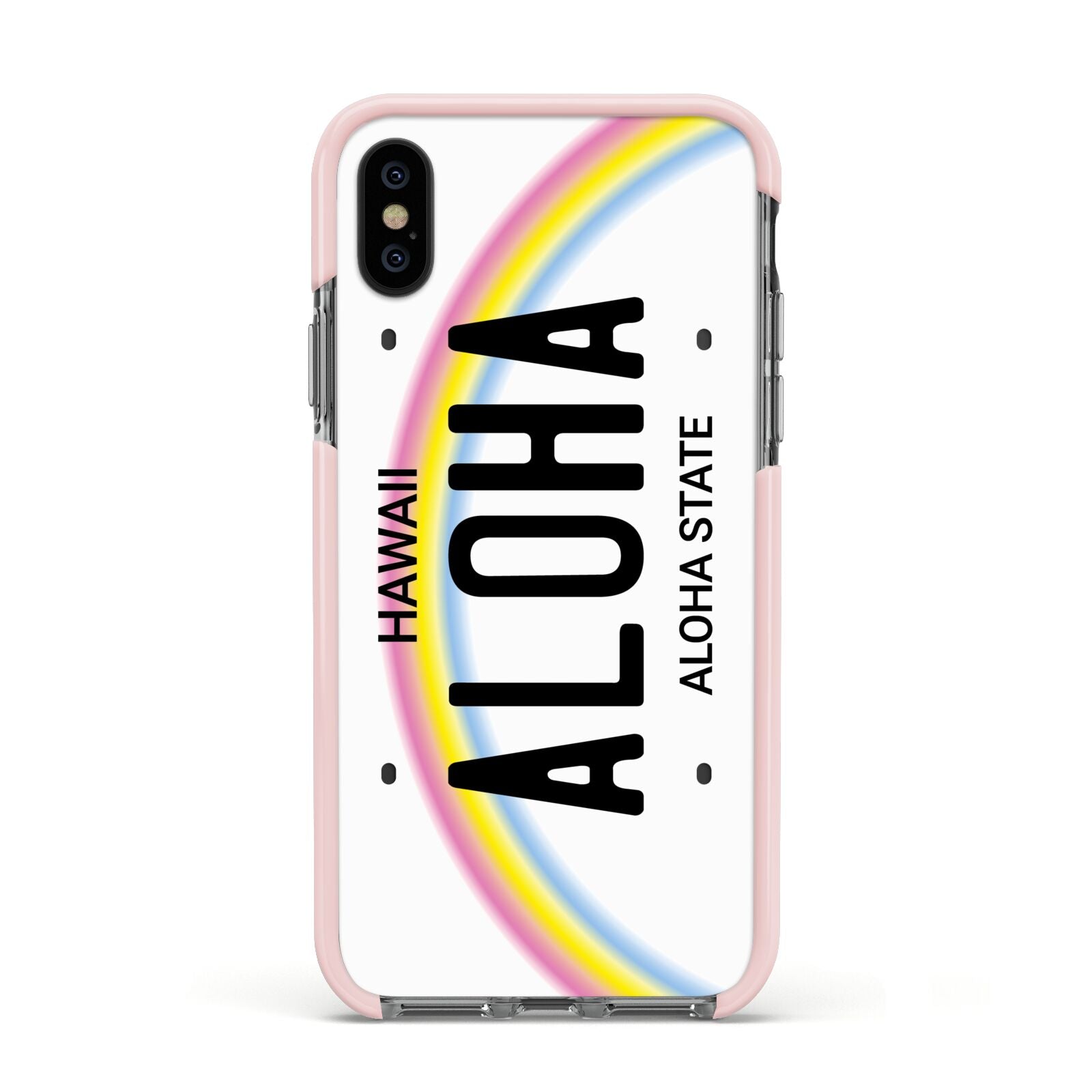 Custom Hawaii License Plate Apple iPhone Xs Impact Case Pink Edge on Black Phone