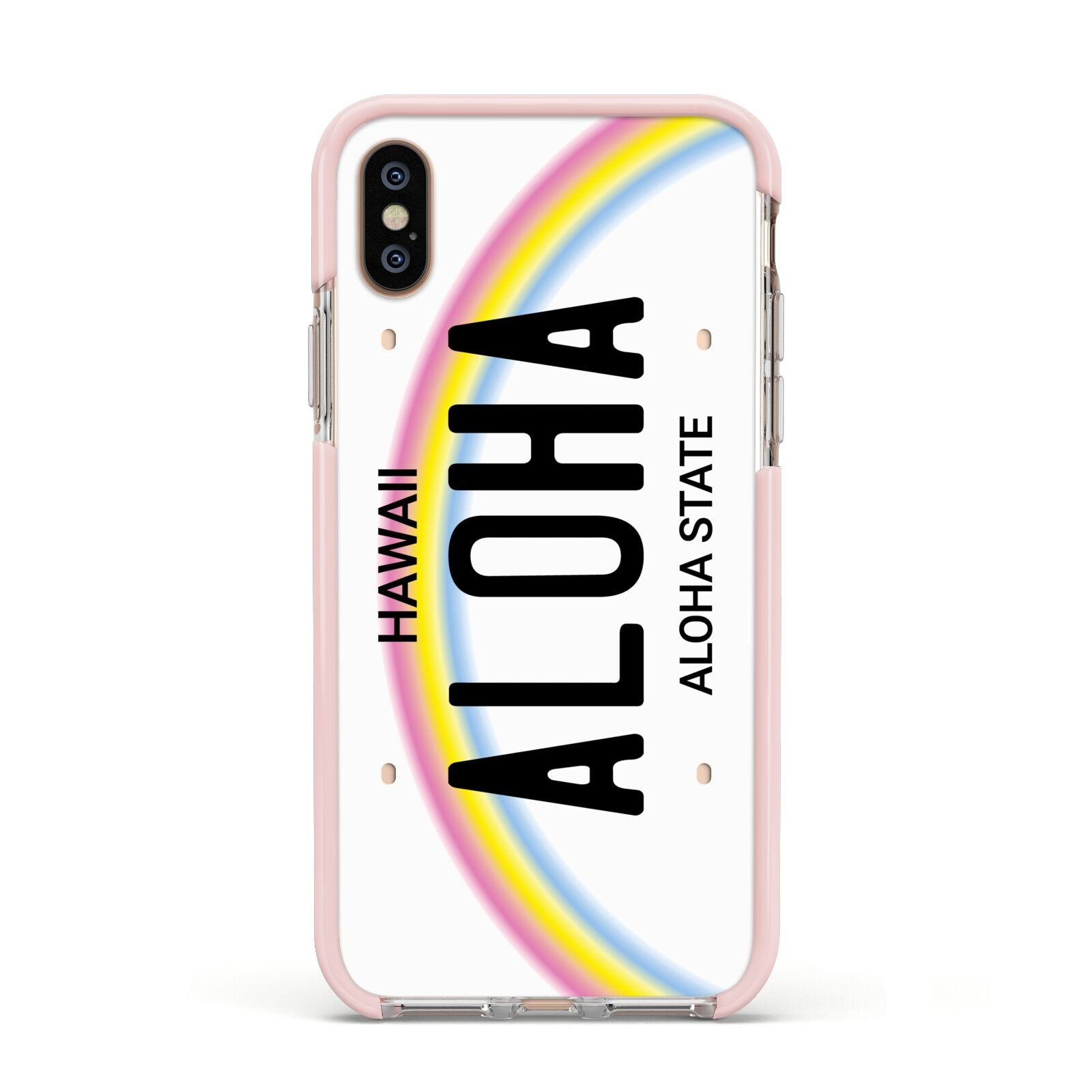 Custom Hawaii License Plate Apple iPhone Xs Impact Case Pink Edge on Gold Phone