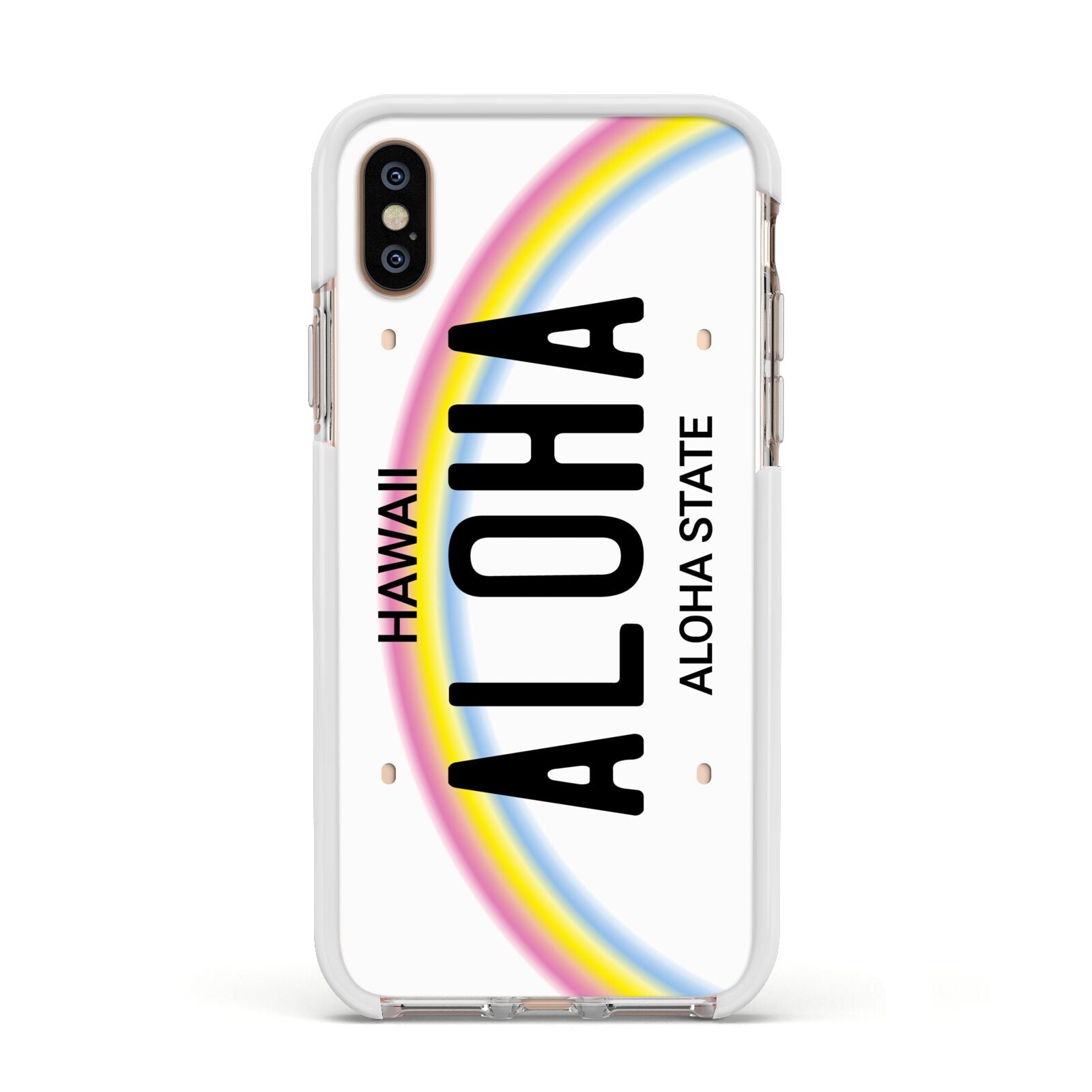 Custom Hawaii License Plate Apple iPhone Xs Impact Case White Edge on Gold Phone